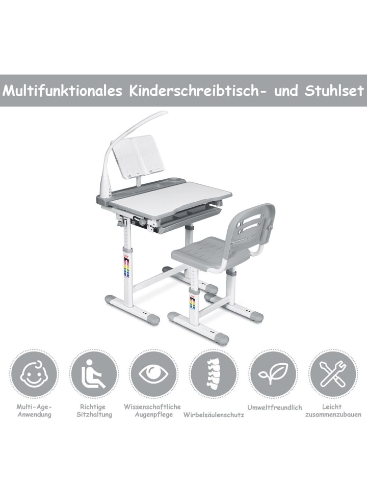 COSTWAY Kinderschreibtisch mit Lampe & Stuhl in Grau günstig kaufen onesize