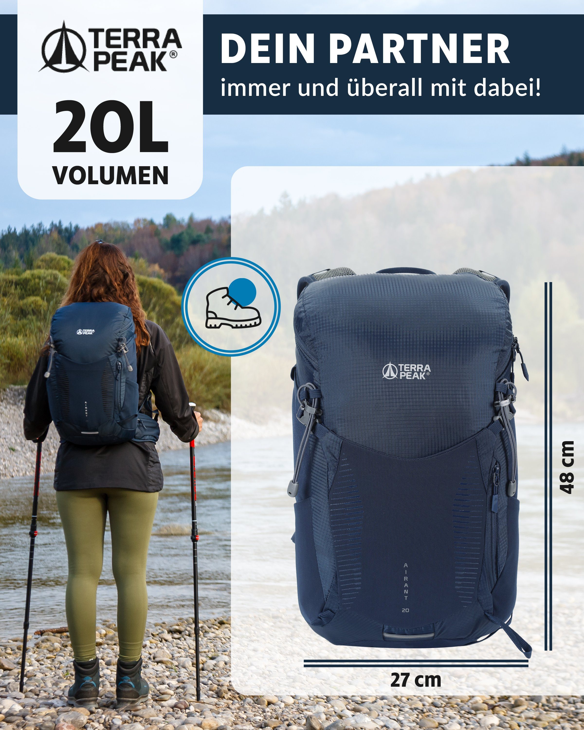 Terra Peak Wanderrucksack Airant 20, Rucksack klein mit belüftetem Netzrücken 20 Liter