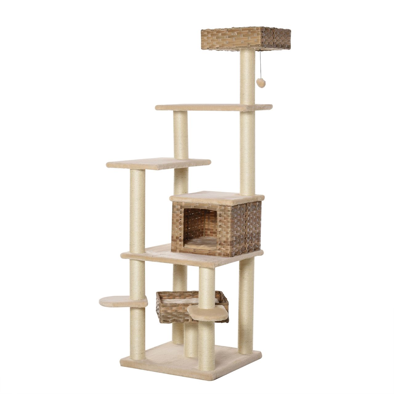 PawHut Rattan Kratzbaum mit Katzenhöhle Hängematte Mehrstufiger Katzenbaum Kletterbaum für Katzen E1 MDF Sisal Beige Braun 55 x 55 x 174 cm