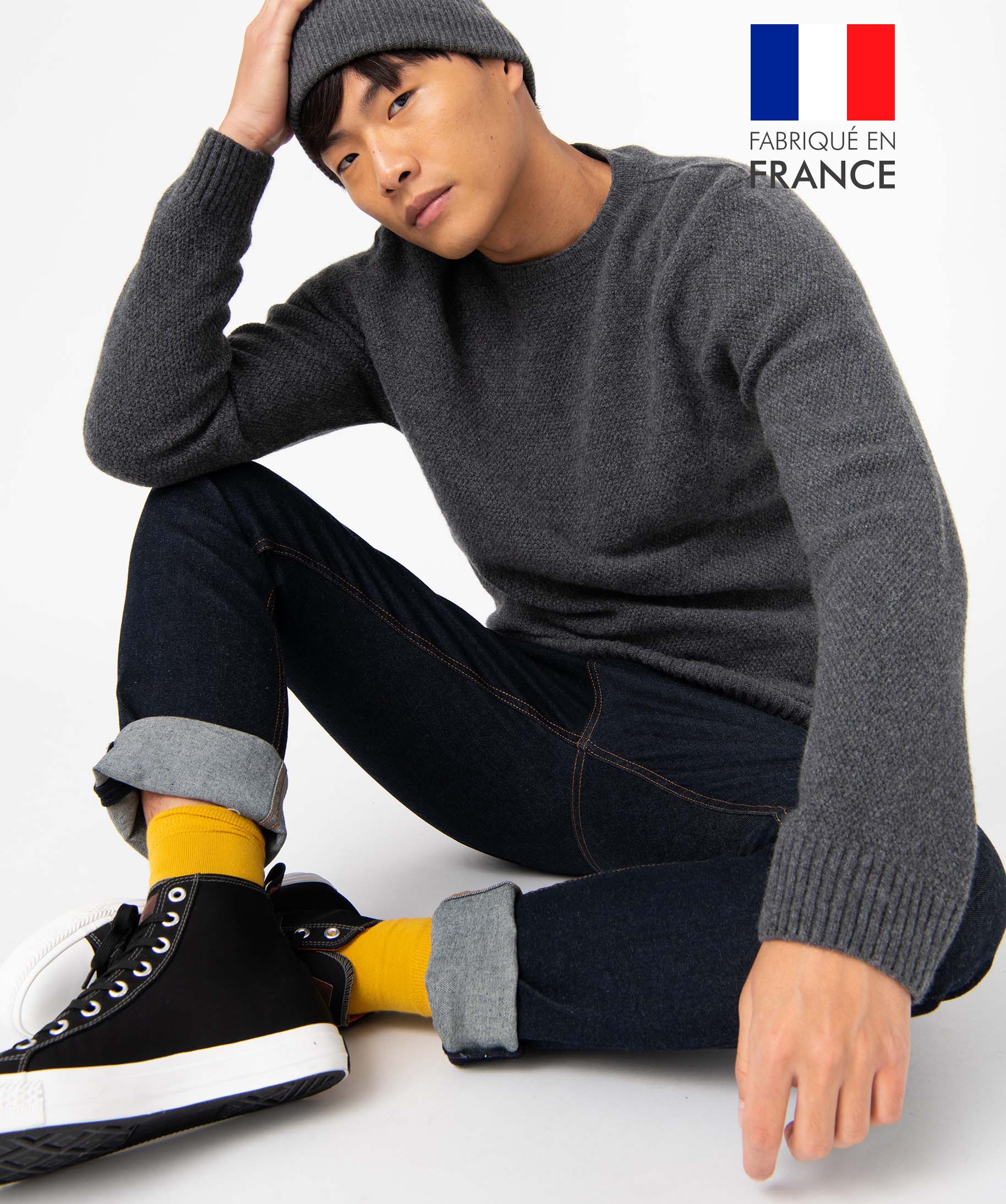 Pull homme contenant de la laine en maille 3D innovante gris fonce | GEMO