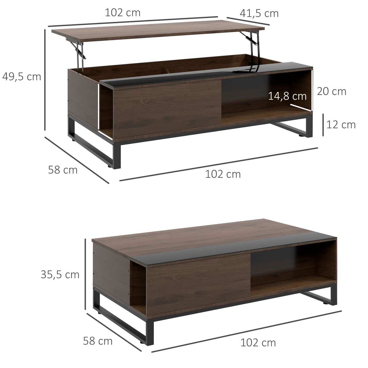 HOMCOM Couchtisch, Beistelltisch mit Höhenverstellbarer Platte, Sofatisch Stahl