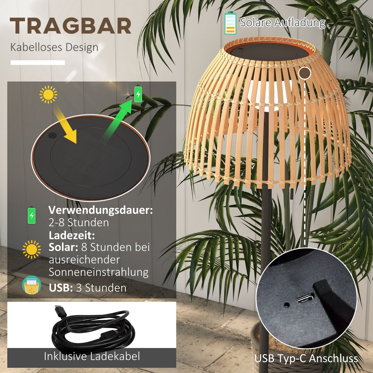 Outsunny Solar Stehlampe, Outdoor/Indoor, Bambusschirm, Alurahmen, Schwarz/Natur