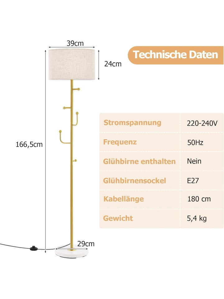 COSTWAY 2 in 1 Stehlampe mit 5 Haken in Gold günstig kaufen onesize