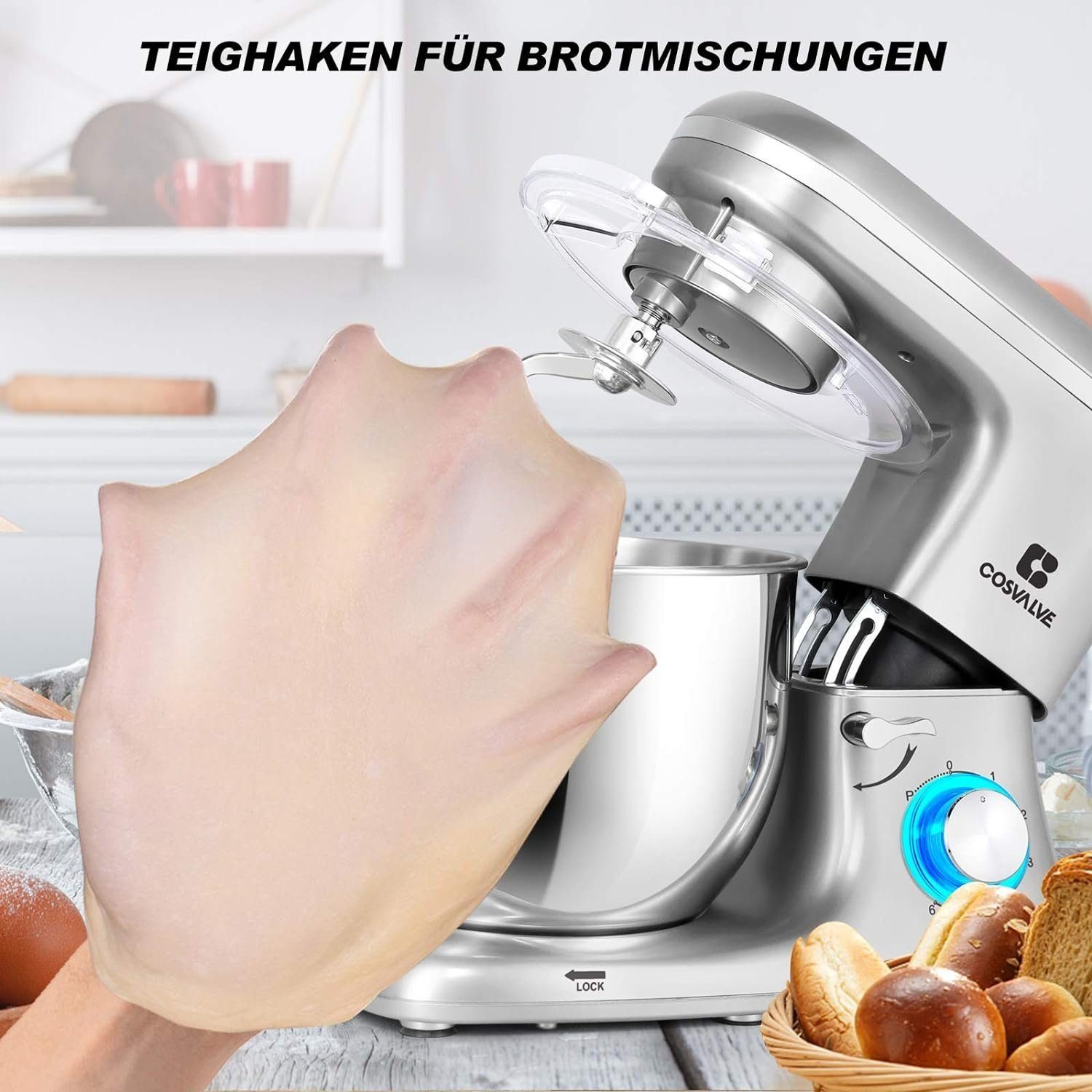 Powerwill Küchenmaschine Multifunktions-Küchenmaschine Knetmaschine mit 7L Schüssel, 1400,00 W, mit Schneebesen, Rührbesen und Knethaken Silber