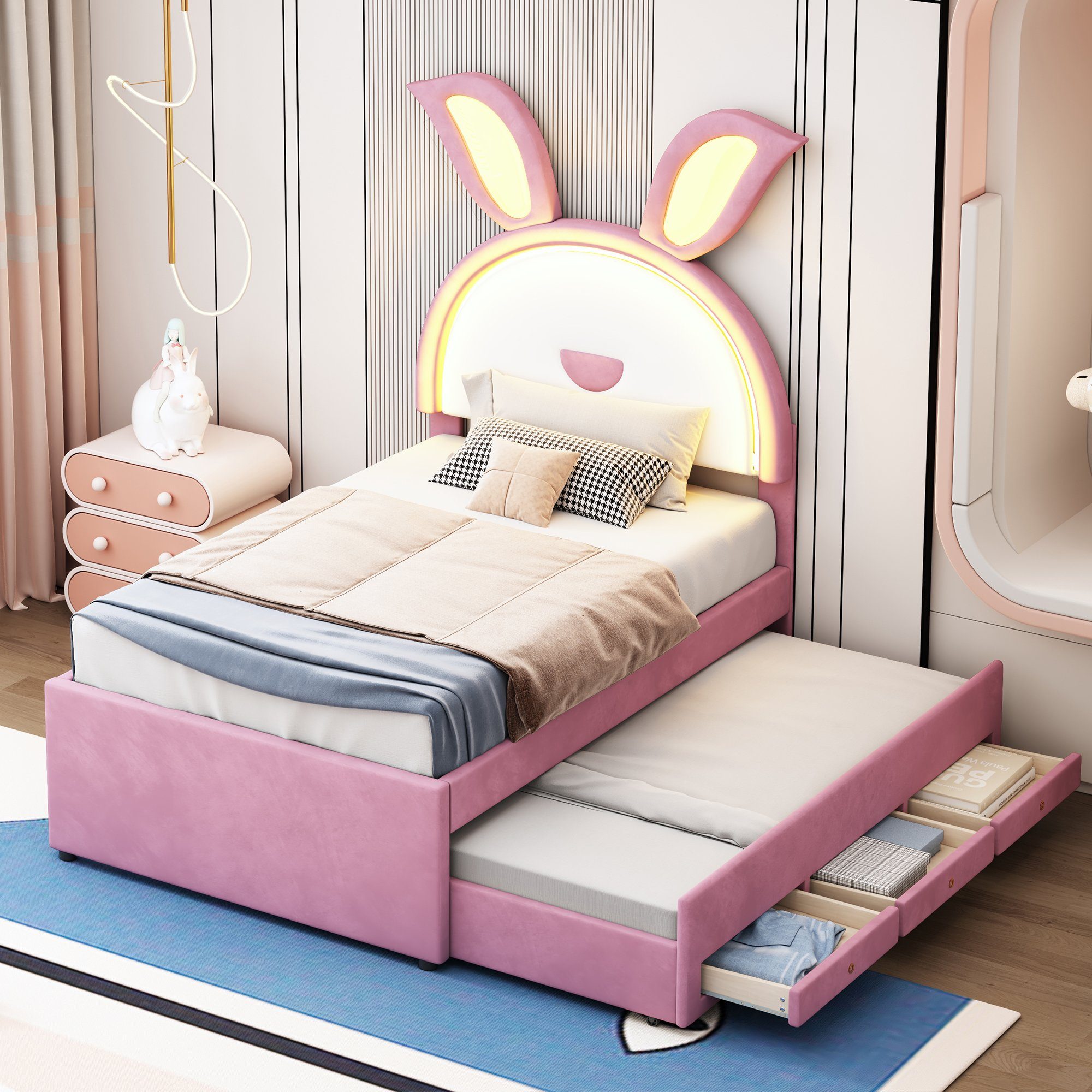 OKWISH Kinderbett Stauraumbett Gästebett Bett Polsterbett (Samtstoff Multifunktionales gepolstertes Einzelbett-Schlafsofa, mit ausziehbarem Bett, Stauraumschublade und farbwechselndem LED-Licht), ohne Matratze, 90 x 200 cm