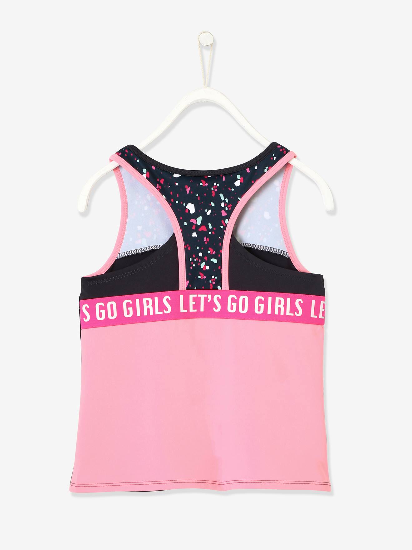 Débardeur de sport fille effet 2 en 1 anthracite imprimé
