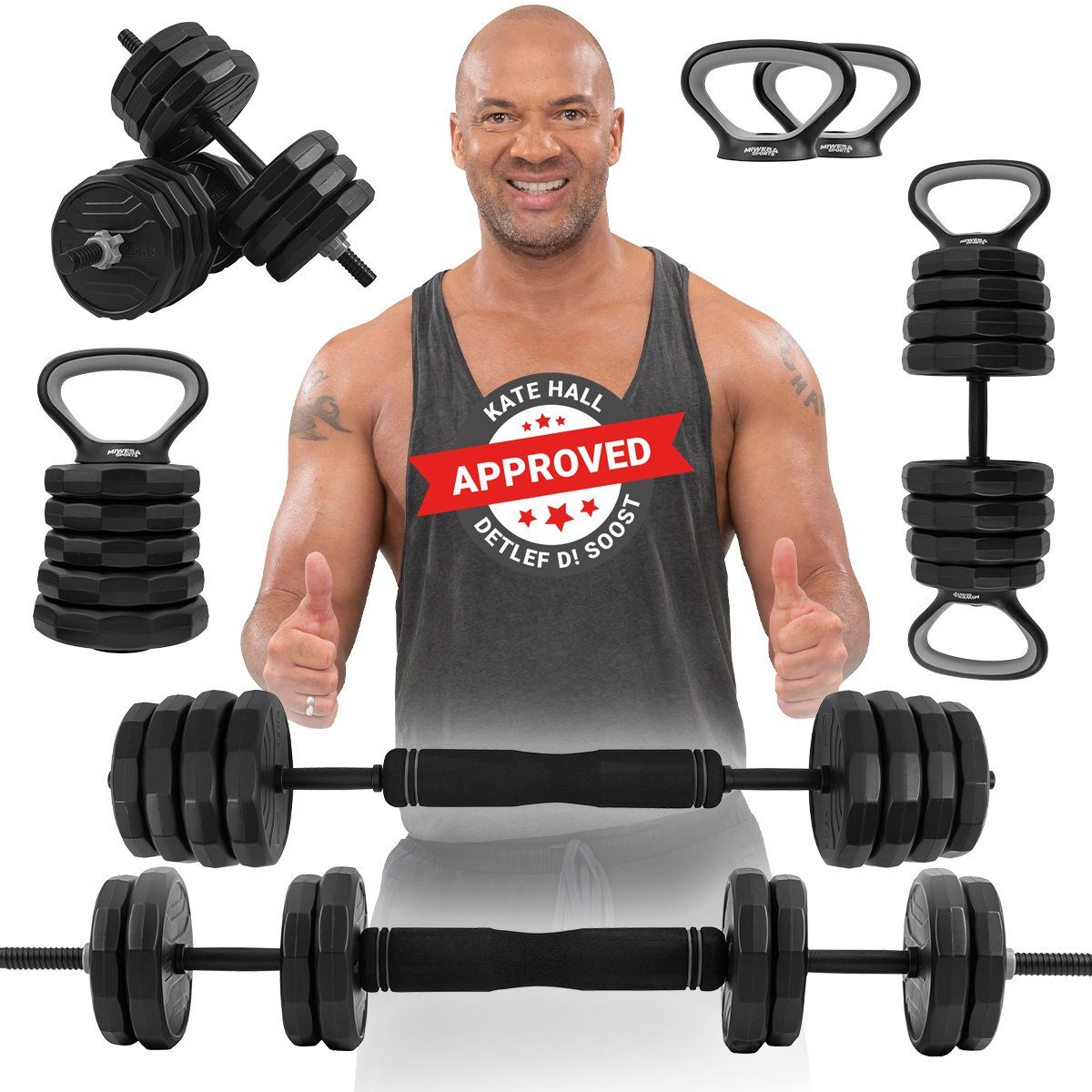 Miweba Sports Hantel-Set verstellbares 6in1 Hantel Set - 25 kg, (Liegestützgriffe - Kurzhanteln - Langhantel - Kettlebell - Multifunktionshantel - Krafttraining - Muskelaufbau - Workout - Training - Kurzhantelset - Hantel komplett Set, 6 Hantel Konst