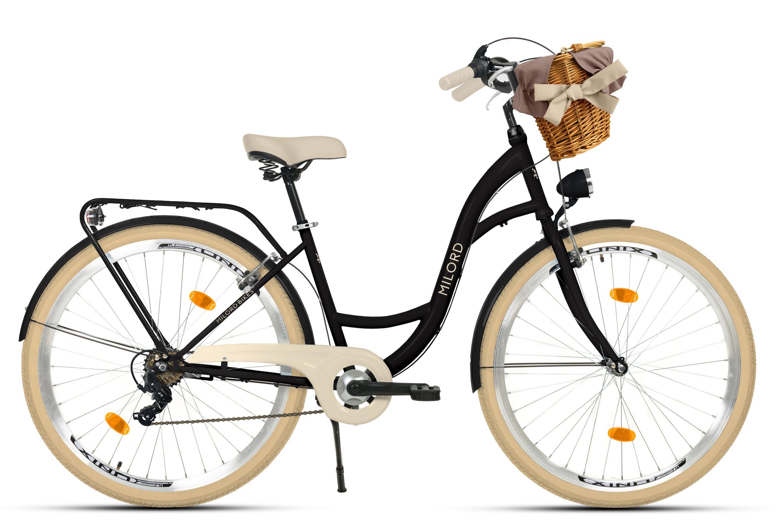 MILORD BIKES Cityrad Milord City Fahrrad Korb Damen, 28/26 Zoll, Schwarz-Creme, 7-Gang, 7 Gang, Kettenschaltung