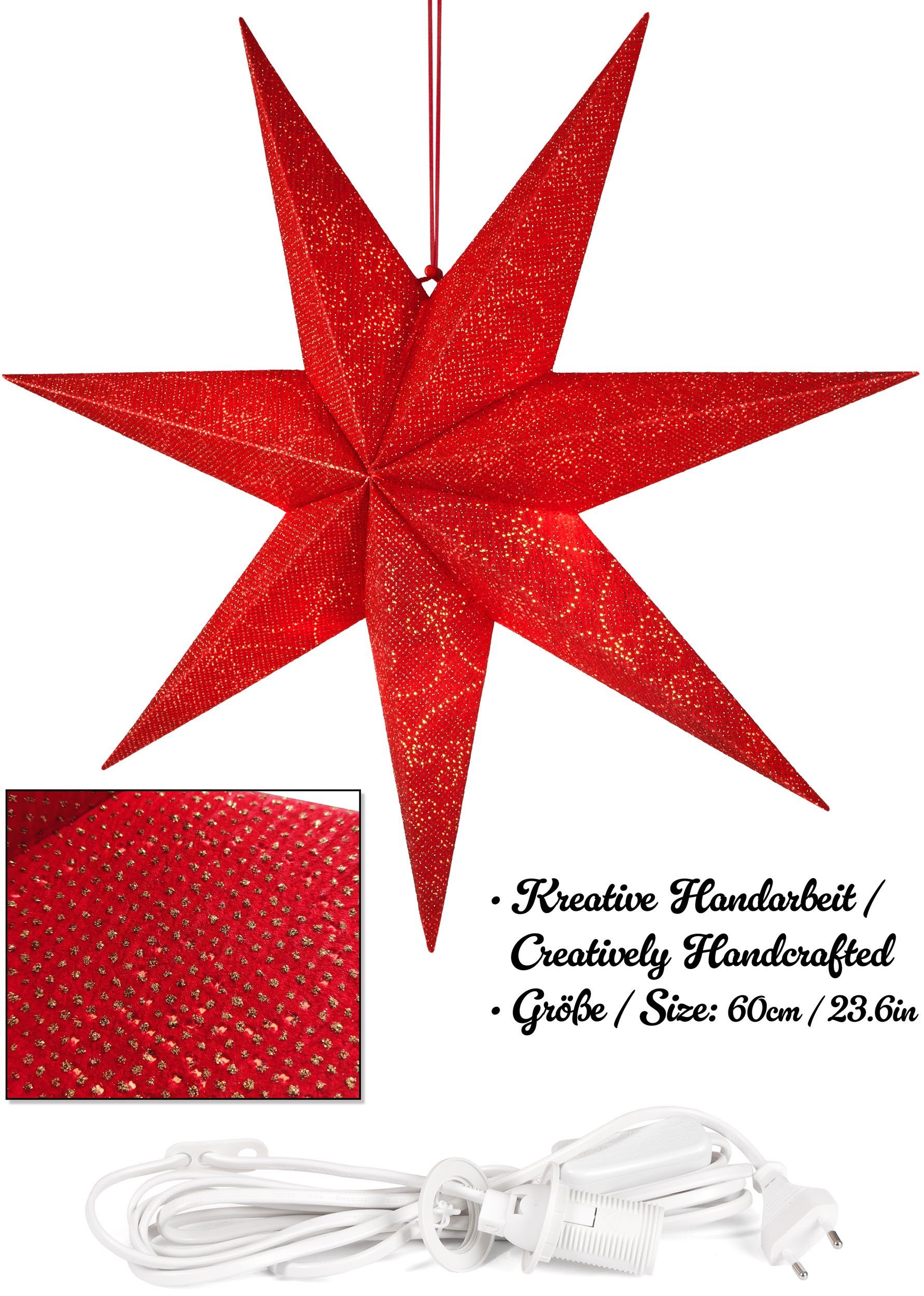 BRUBAKER Dekostern 60 cm Weihnachtsstern für Innen - Adventsstern mit E14 Fassung Hängend, 1 St., 3D Papierstern mit 3,5m Kabel - Fenster Stern Weihnachten Leuchtstern