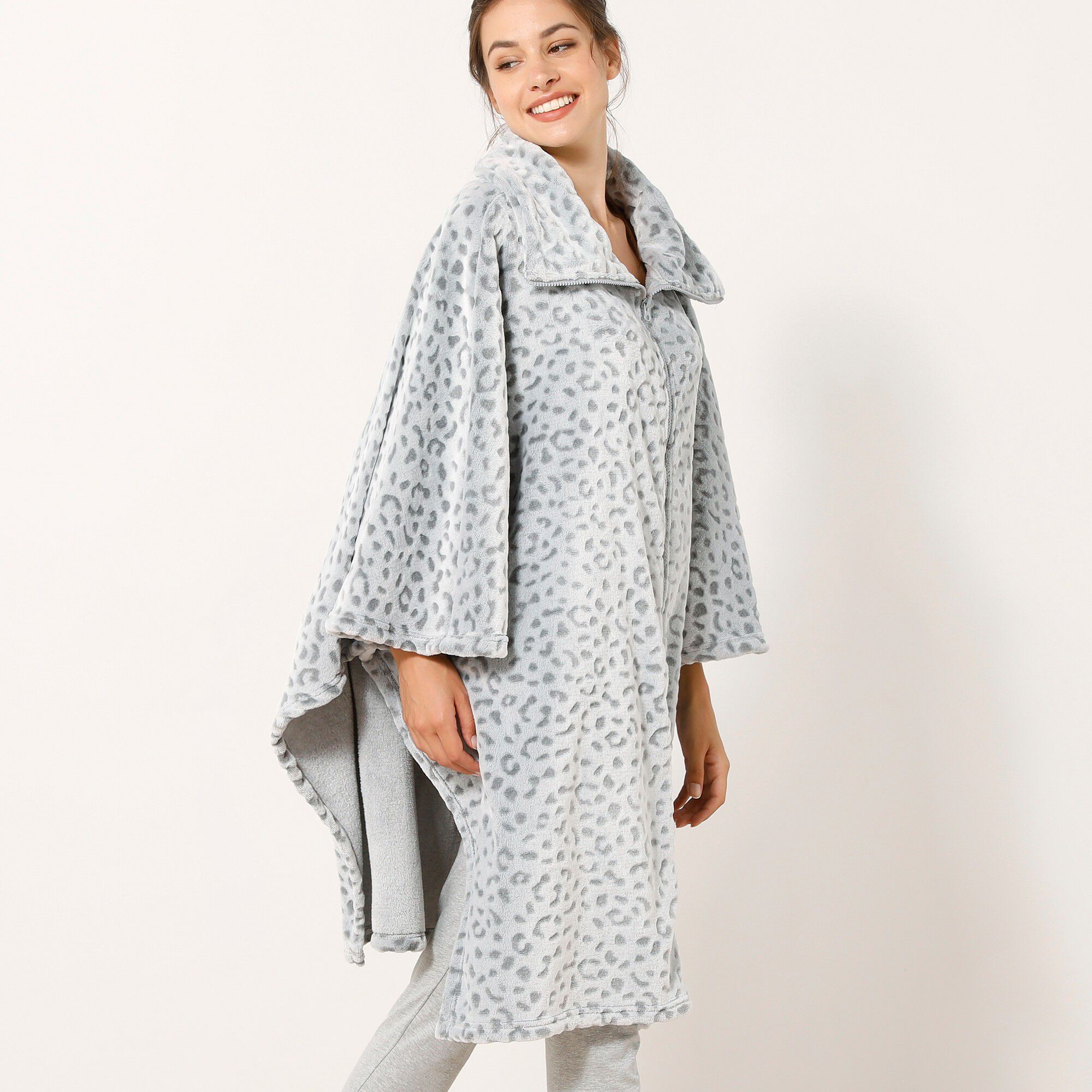 Poncho polaire oversize zippé léopard