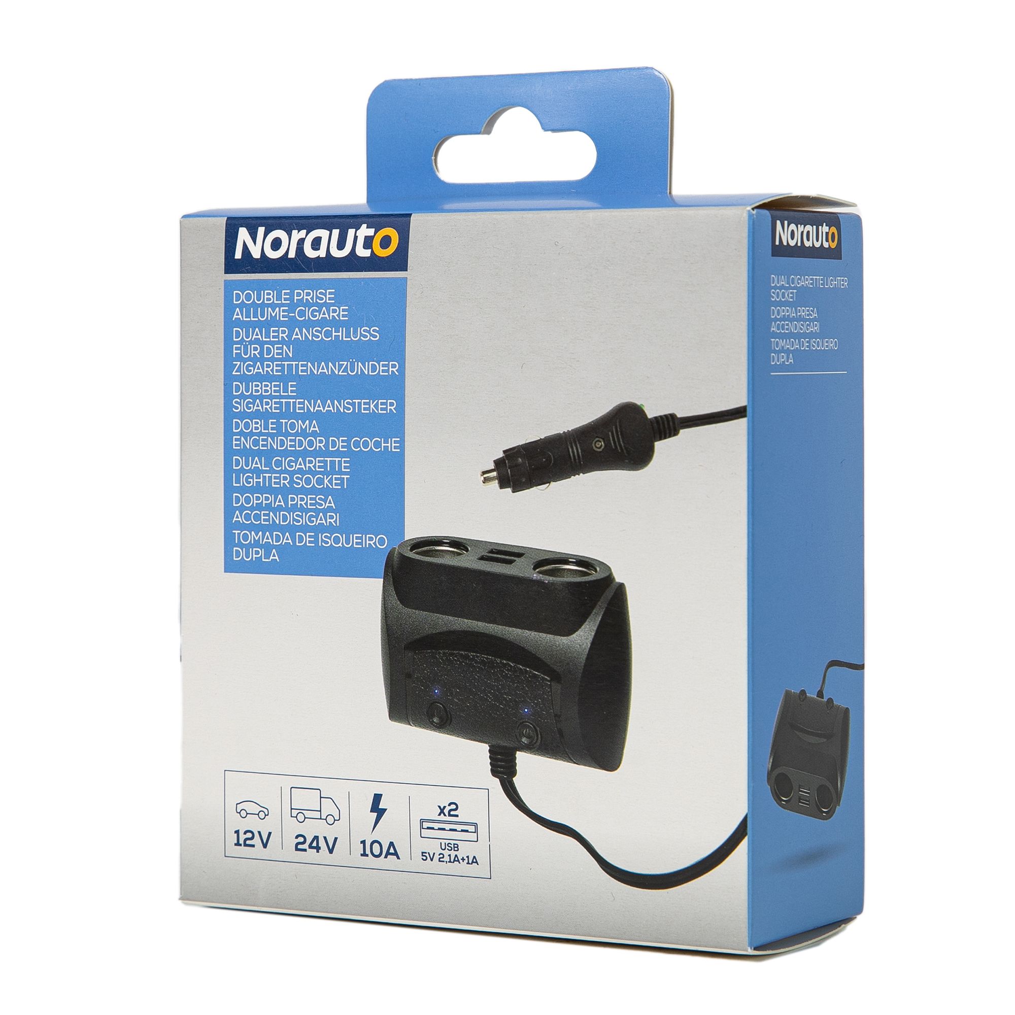 Norauto Verlängerungskabel 12 V/24 V 5 A mit doppeltem Zigarettenanzünderstecker und 2 USB-Anschlüssen - ATU