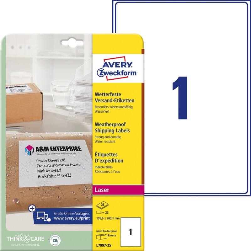 AVERY Zweckform L7997-25 Adressetiketten DIN A4 Weiß 199,6 x 289,1 mm 25 Blatt à 1 Etikett