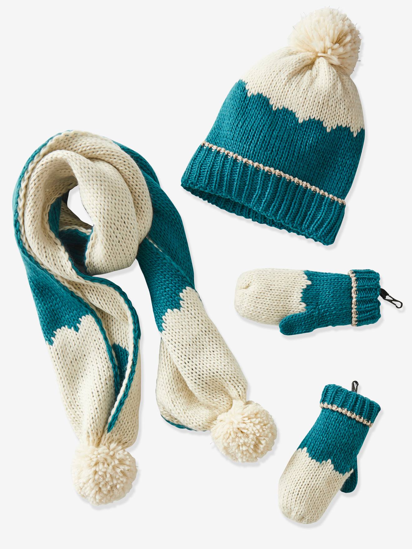 Ensemble fille bonnet + écharpe + moufles/mitaines bleu