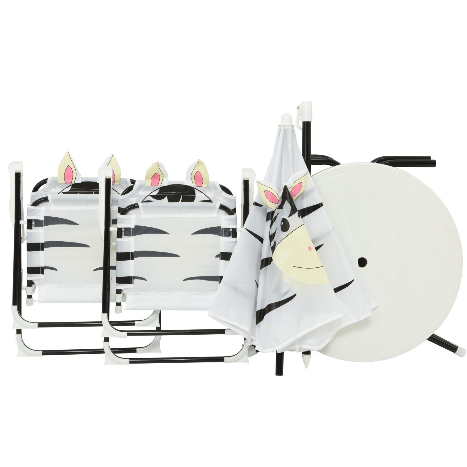 MARELIDA Kindersitzgruppe Zebra MORTY 2 Stühle Tisch Sonnenschirm Gartenmöbel für Camping 4tlg., (4-tlg)
