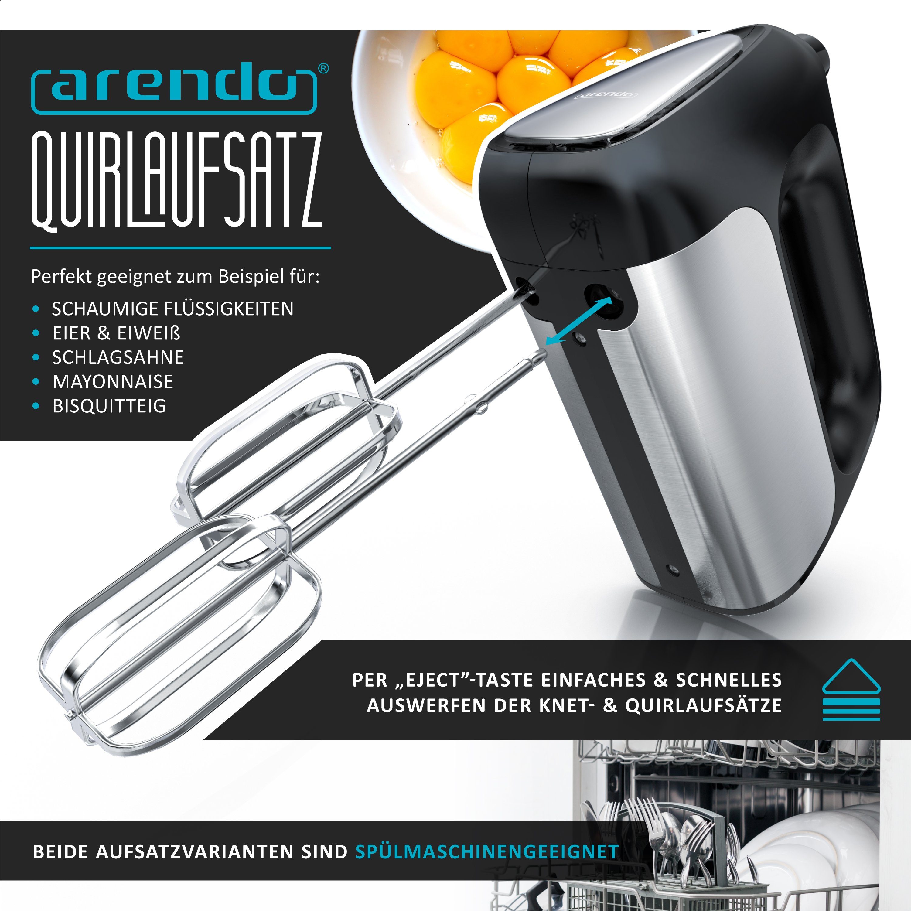 Arendo Handmixer, 500 W, Elektrischer Handrührer inkl. 2 Quirle und 2 Knethaken, Handrührgerät