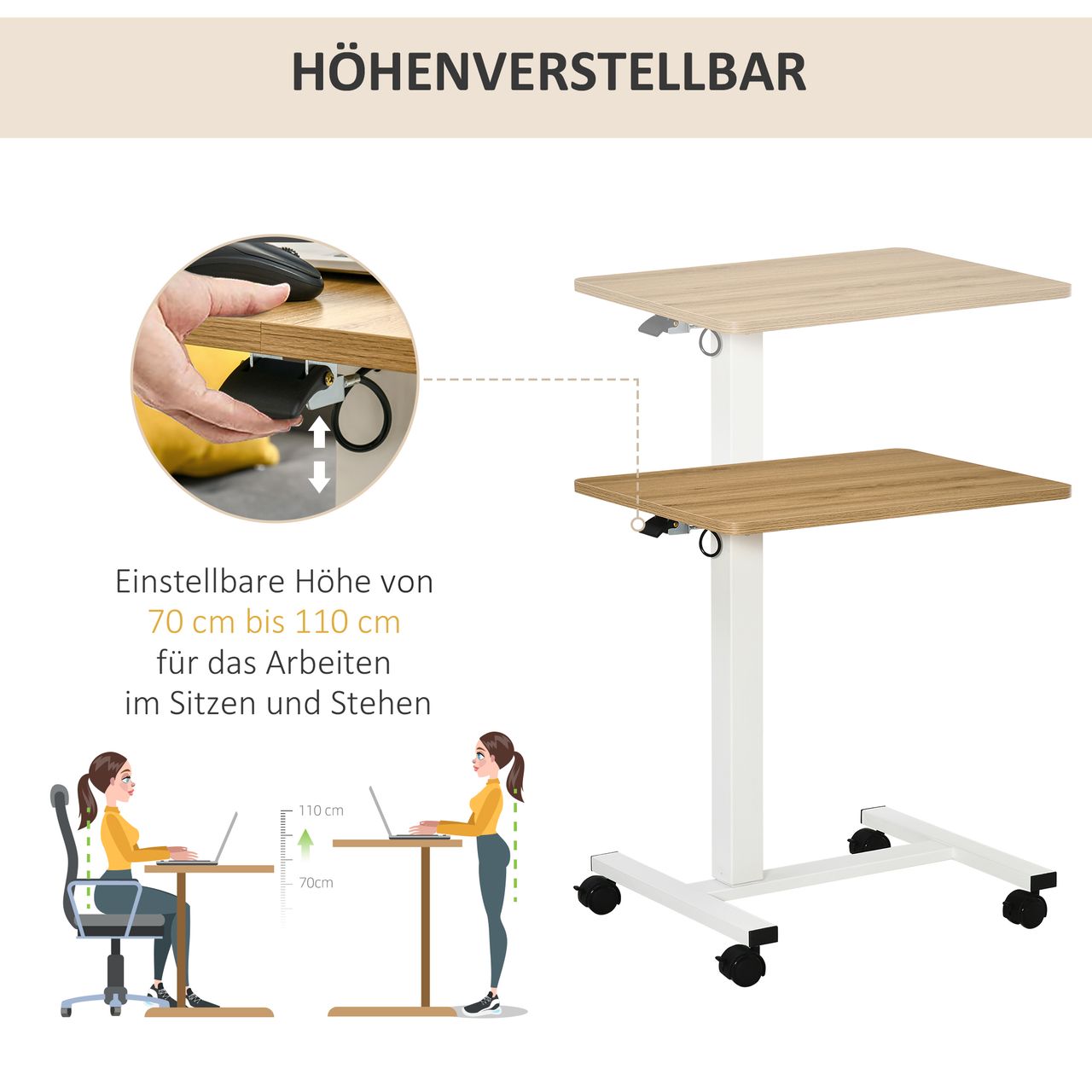 HOMCOM Höhenverstellbar Steh-Sitz Schreibtisch Laptoptisch Stehpult Beistelltisch mit Rollen C-förmig Platzsparend für Arbeitszimmer Sofa Bett Natur Weiß Belastbar bis 70 kg 65 x 48 x 70-110 cm