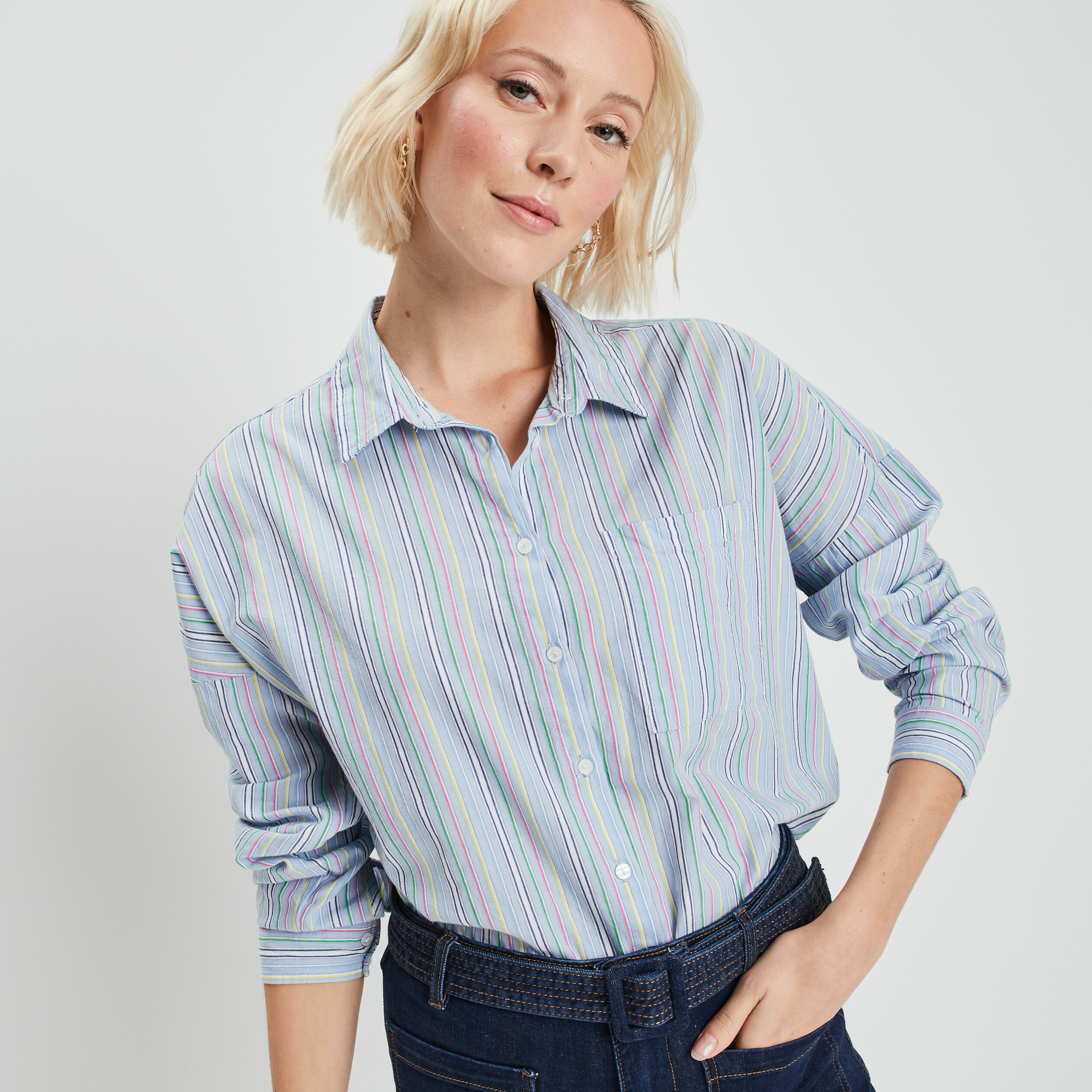 Chemise manches longues coupe droite bleu femme | La Halle