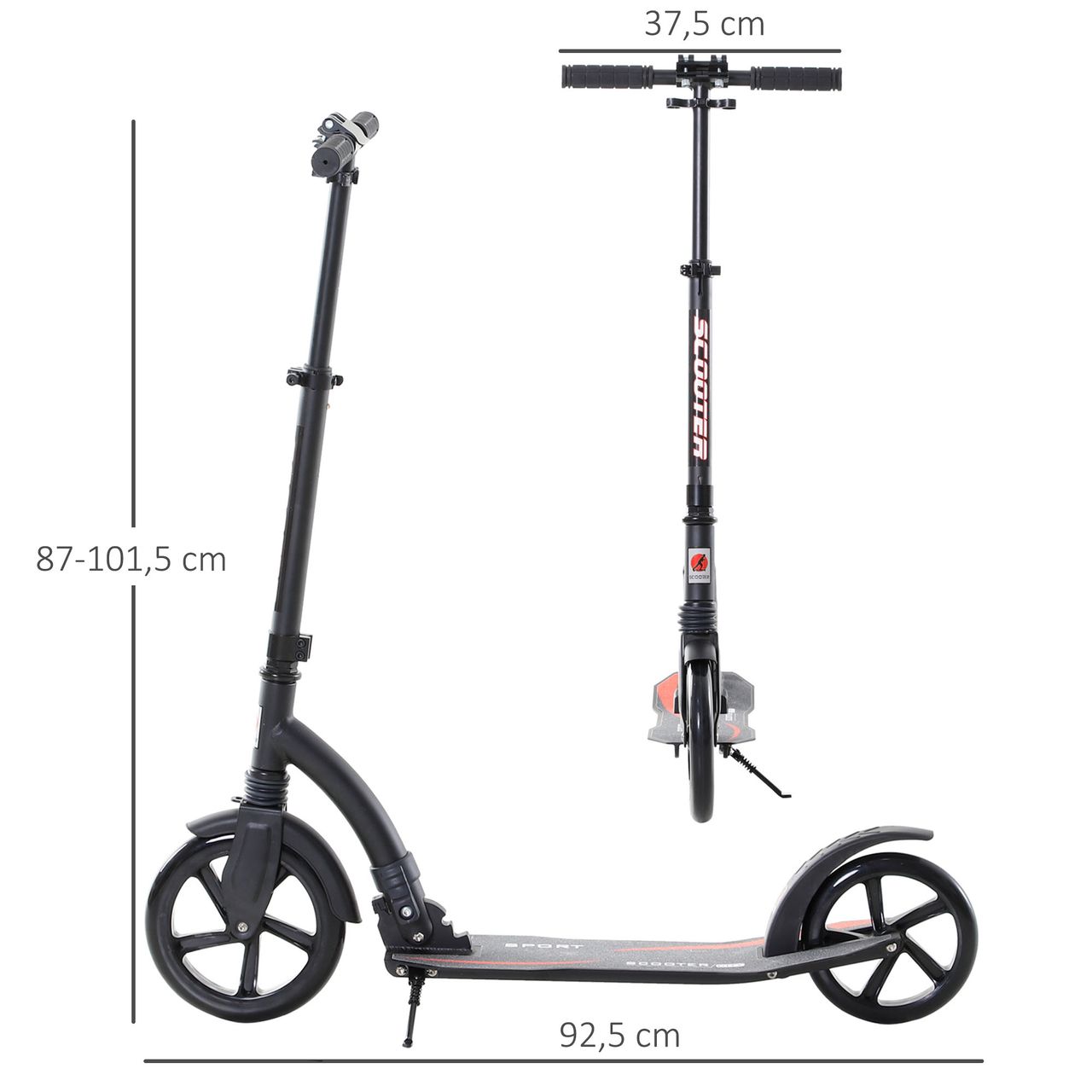 HOMCOM Kinderscooter Kickscooter mit Stoßdämpfung Tretroller Schwarz 92,5 x 37,5 x 87-101,5 cm