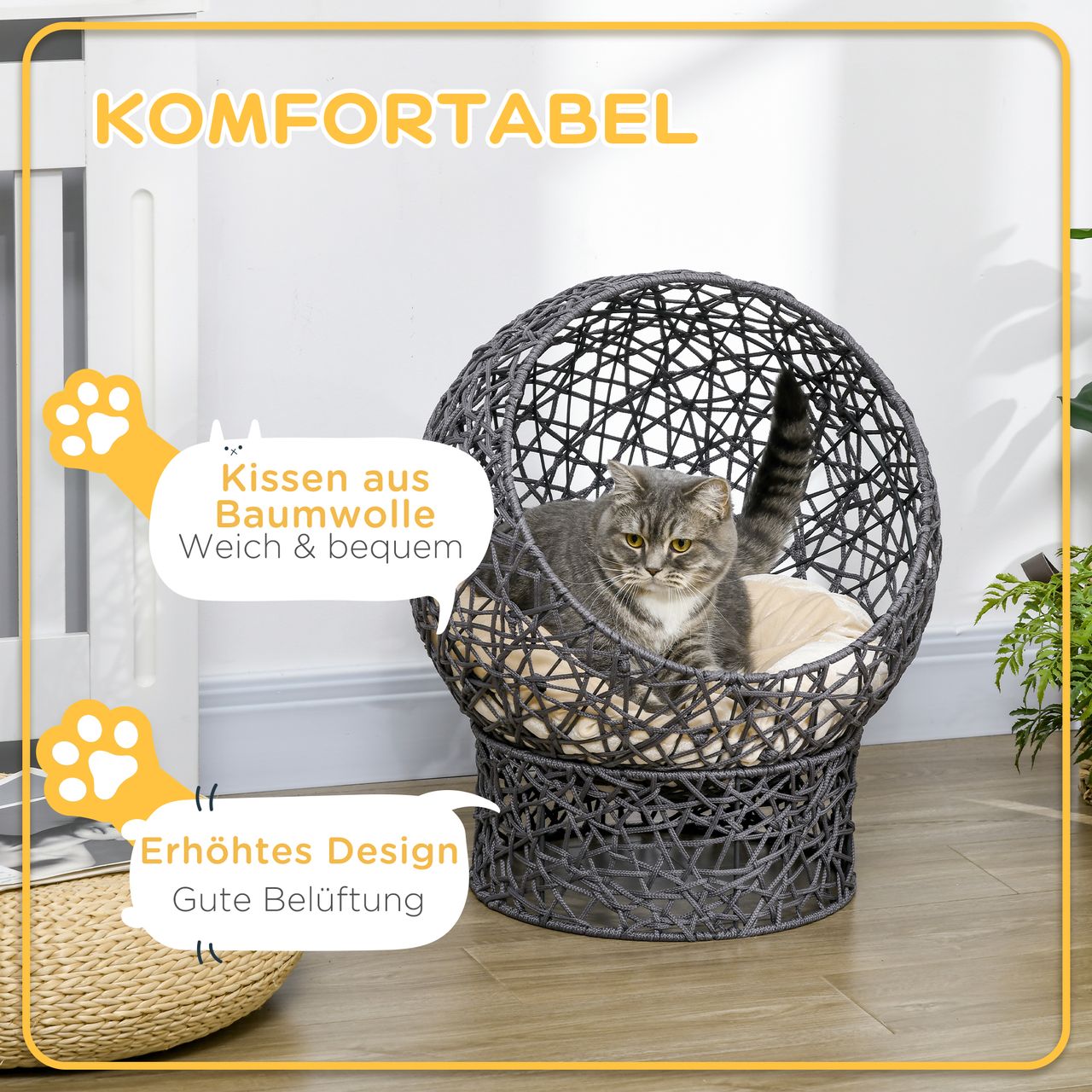 PawHut Katzenkorb, Katzenhütte mit Kissen, Katzenhöhle, Polyester-Seil, Violett