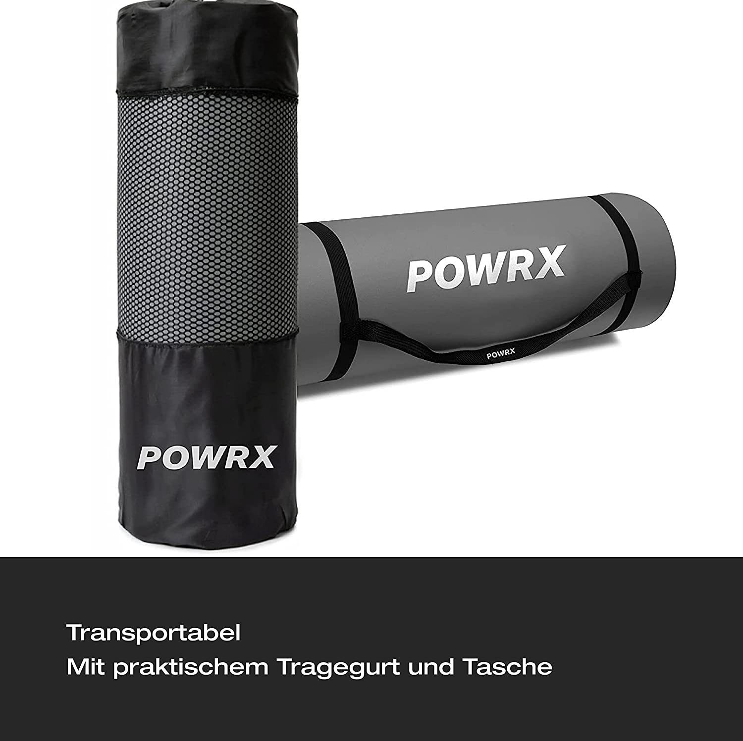 POWRX Yogamatte Gymnastikmatte Yogamatte (Grau 183x60x1.5cm) inkl. Tragegurt & Tasche, Grau 183 X 60 X 1.5 Cm 183 X 60 X 1,5 Cm