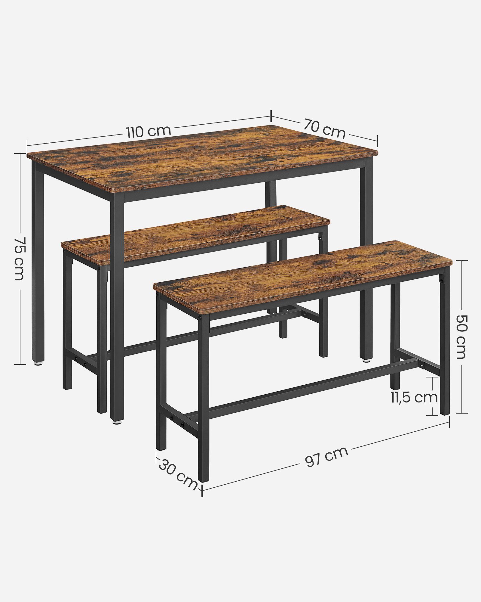 VASAGLE Essgruppe, (Set, 3-tlg), Küchentisch 70 x 110 x 75 cm, 2 Bänke je 30 x 97 x 50 cm