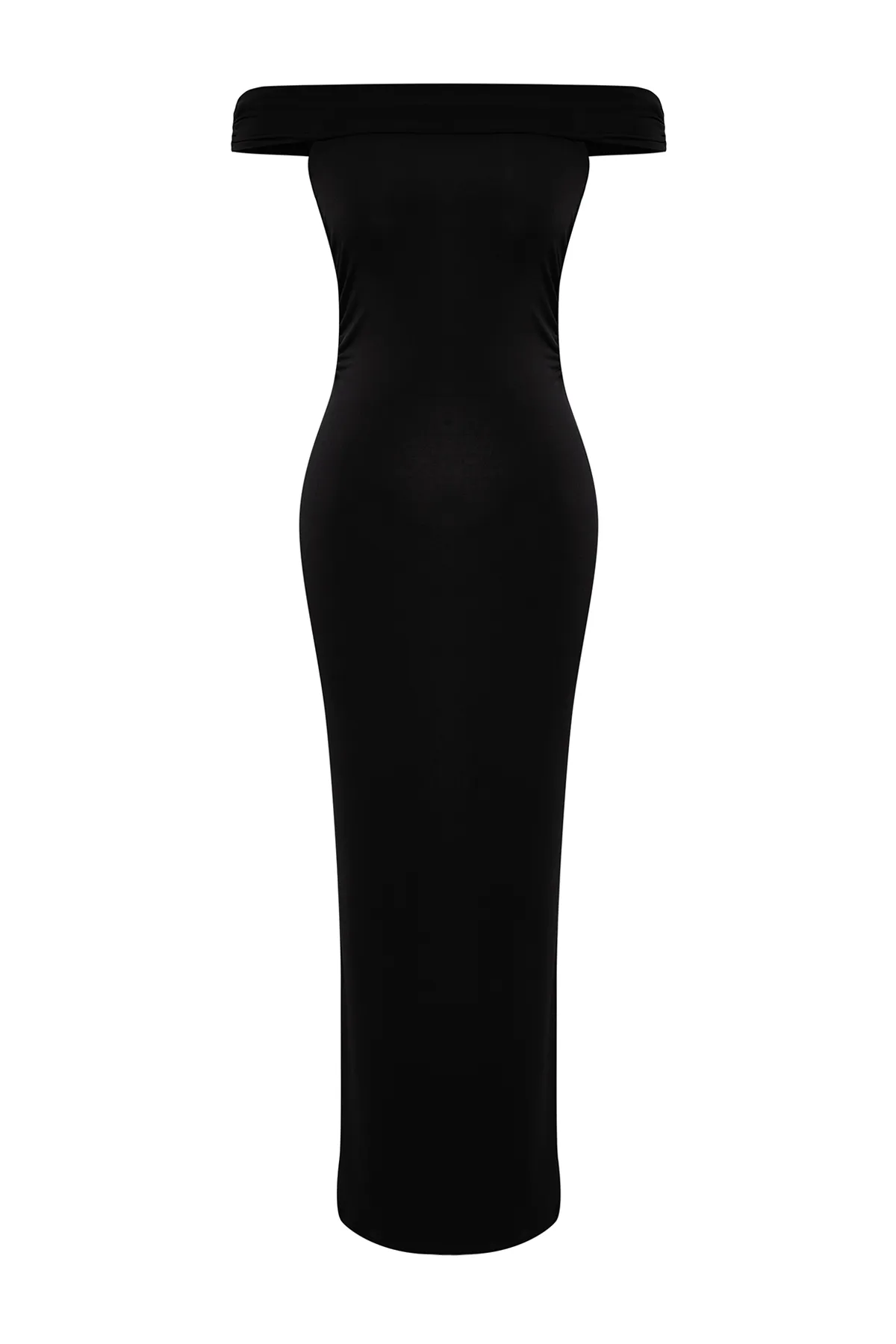 Trendyol Collection  Schwarzes Maxi-Bleistiftkleid aus flexiblem Strick mit Carmen-Kragen und figurbetontem Schnitt TWOSS24EL00254