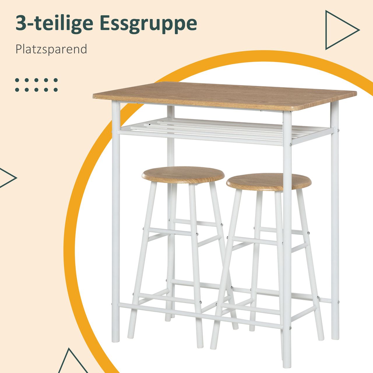 HOMCOM Bartisch Set 3-teilig Esstisch mit 2 Barhocker Küchentisch und Stühle Stehtisch und Barhocker mit Lagerregal MDF-Platte Stahl Weiß Eiche 80 x 50 x 90 cm