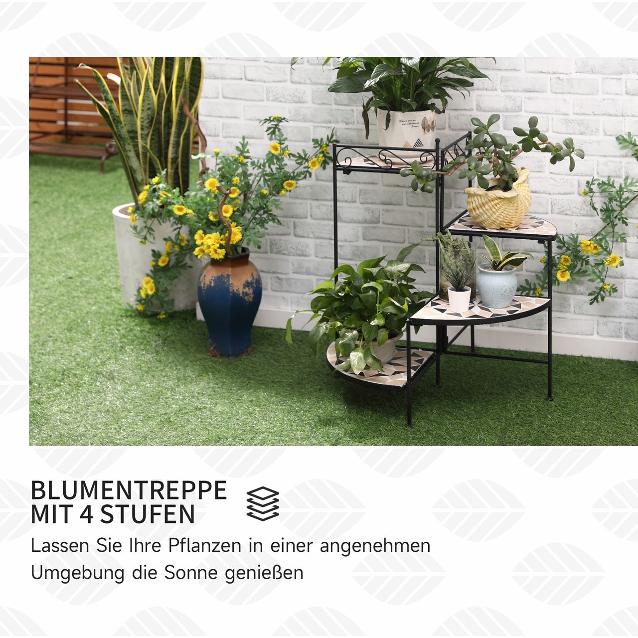 Outsunny Blumenständer 4-Stufe-Blumentreppe faltbar dekorative für Innen und Außen Garten Balkon Metall Keramikfliesen Schwarz Beige 64 x 64 x 72 cm