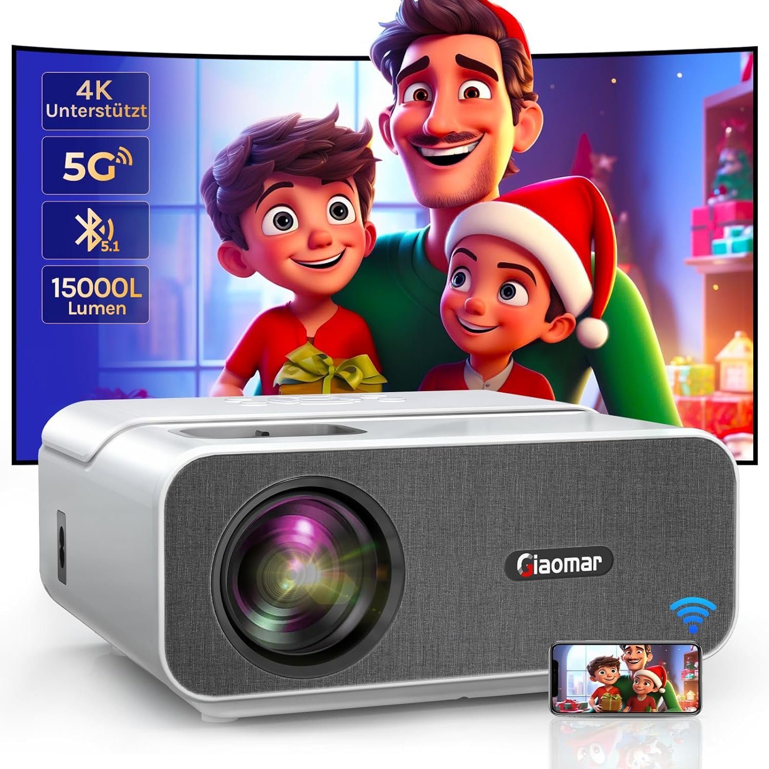 Vigpil Full HD 4K Heimkino Unterstützt, 5G WiFi Bluetooth Mini Portabler Projektor (15000 lm, 10000:1, 3840 x 2160 px, mit P2P-Direktverbindung Video Outdoor Kompatibel mit Smartphone/PS5)