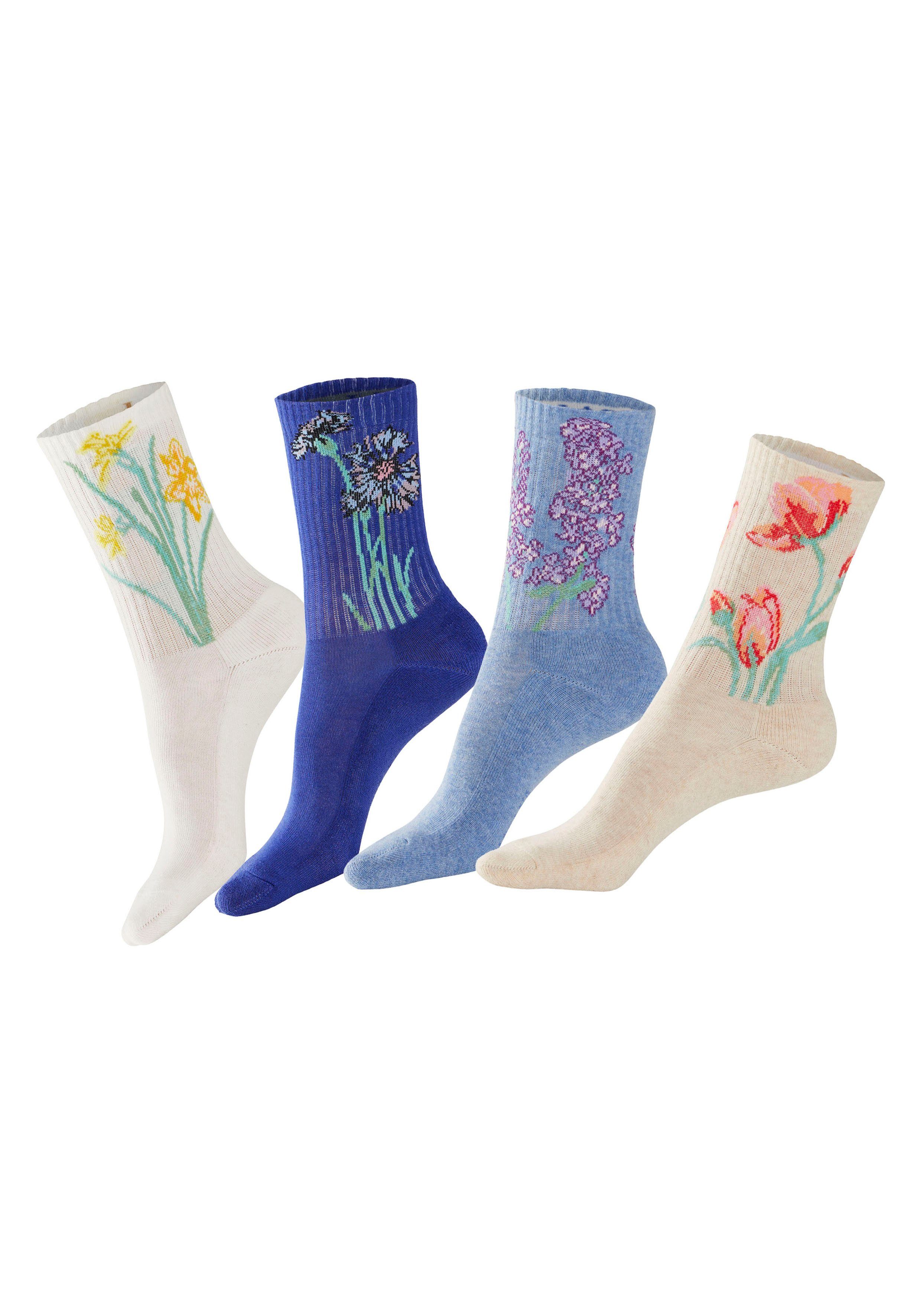 LASCANA Basicsocken (Packung, 4-Paar) mit eingestrickten Blumen Motiven