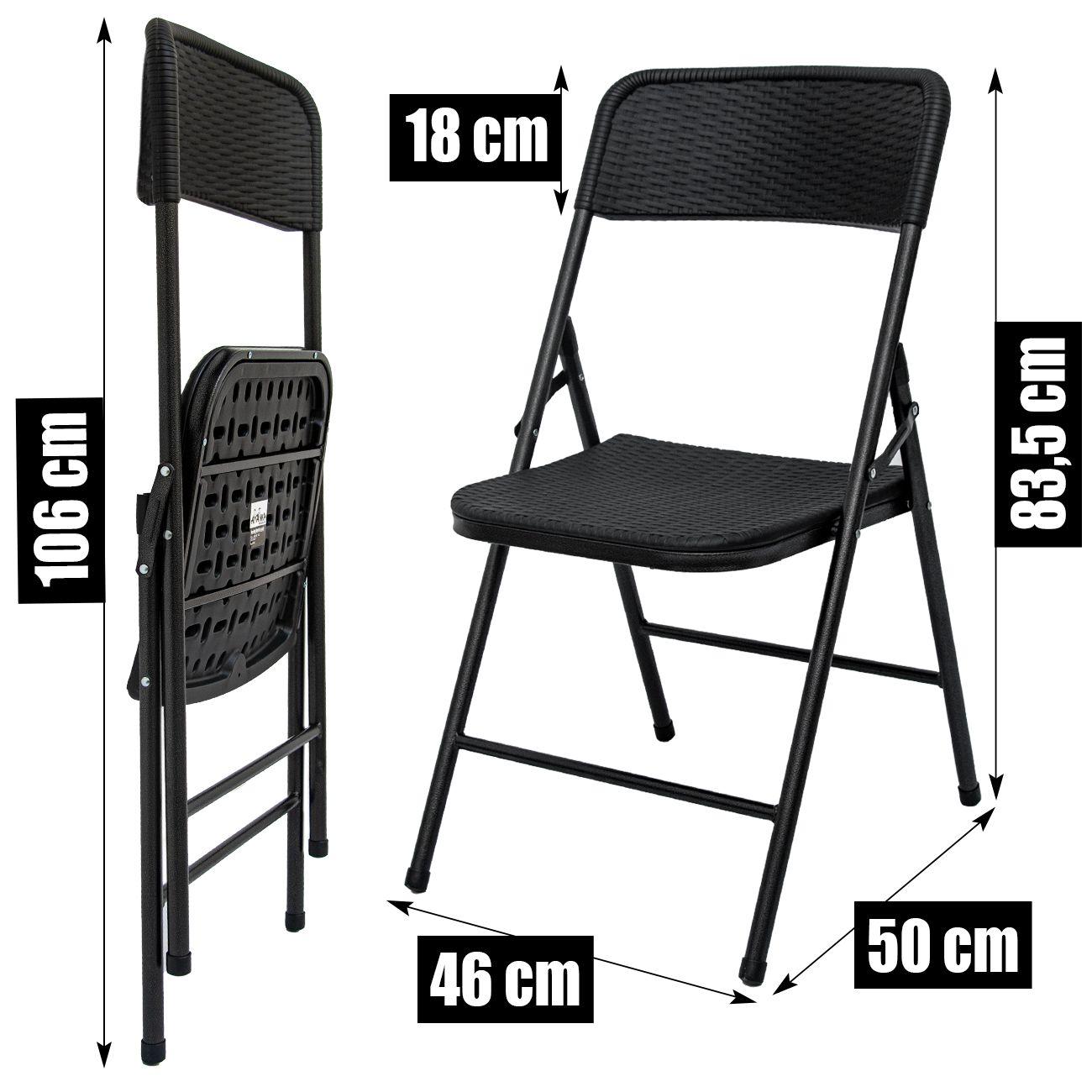 AMANKA 8 schwarze Rattan-Look Klappstühle