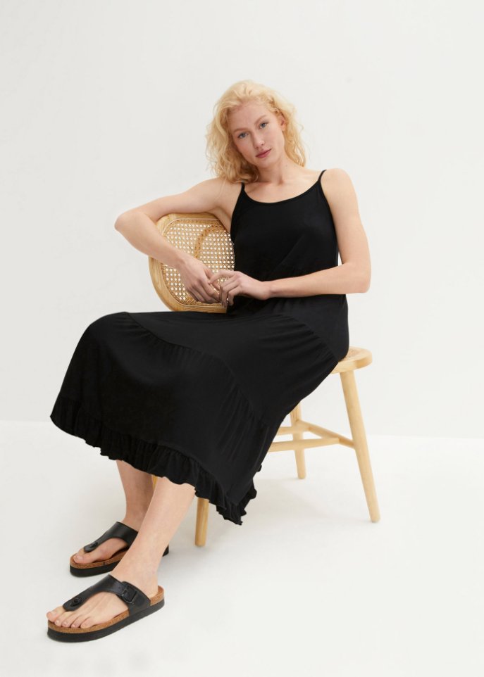 Shirtkleid mit Volants und verstellbaren Spaghetti-Trägern in Midi-Länge, A-Line