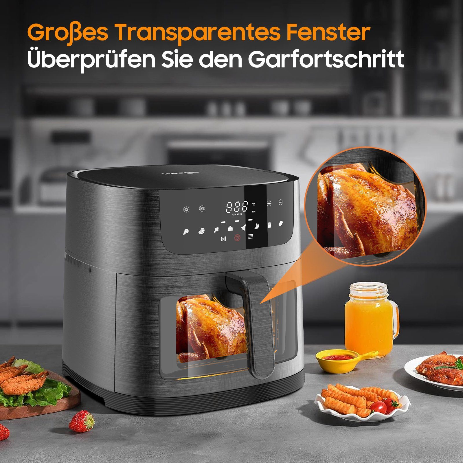 iceagle Heißluftfritteuse Heißluftfritteuse 9L AirFryer XXL, Heizluft Fritteuse, 1800,00 W, mit Großes Sichtfenster, 8 Programmen, Led Touchscreen, Ohne Öl