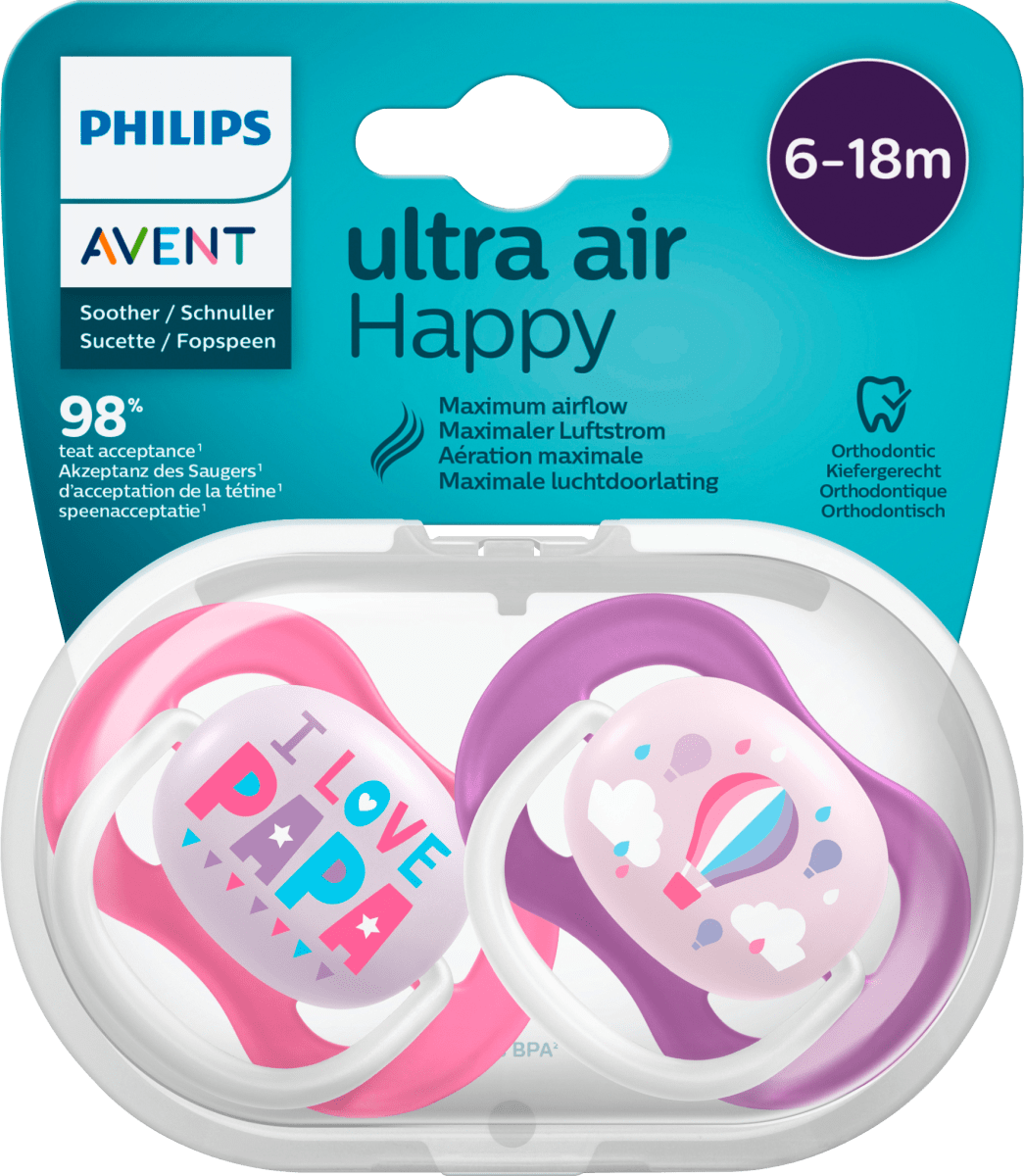 Schnuller ultra air happy Silikon, rosa/lila, 0-6 Monate, 2 St