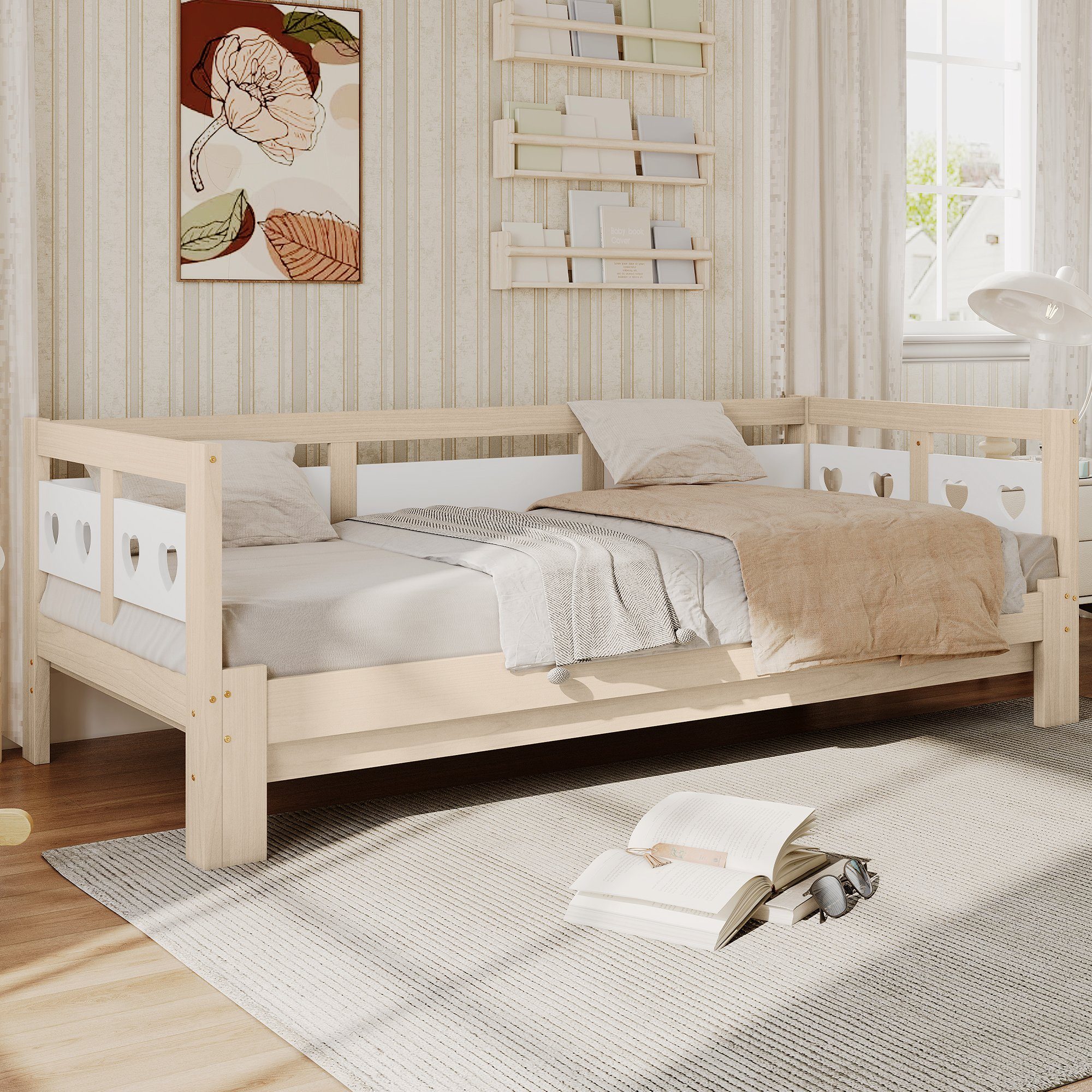 DEEP POWER Holzbett 90x190cm Holzbett Einzelbett Doppelbett mit Ausziehbett Natürlich