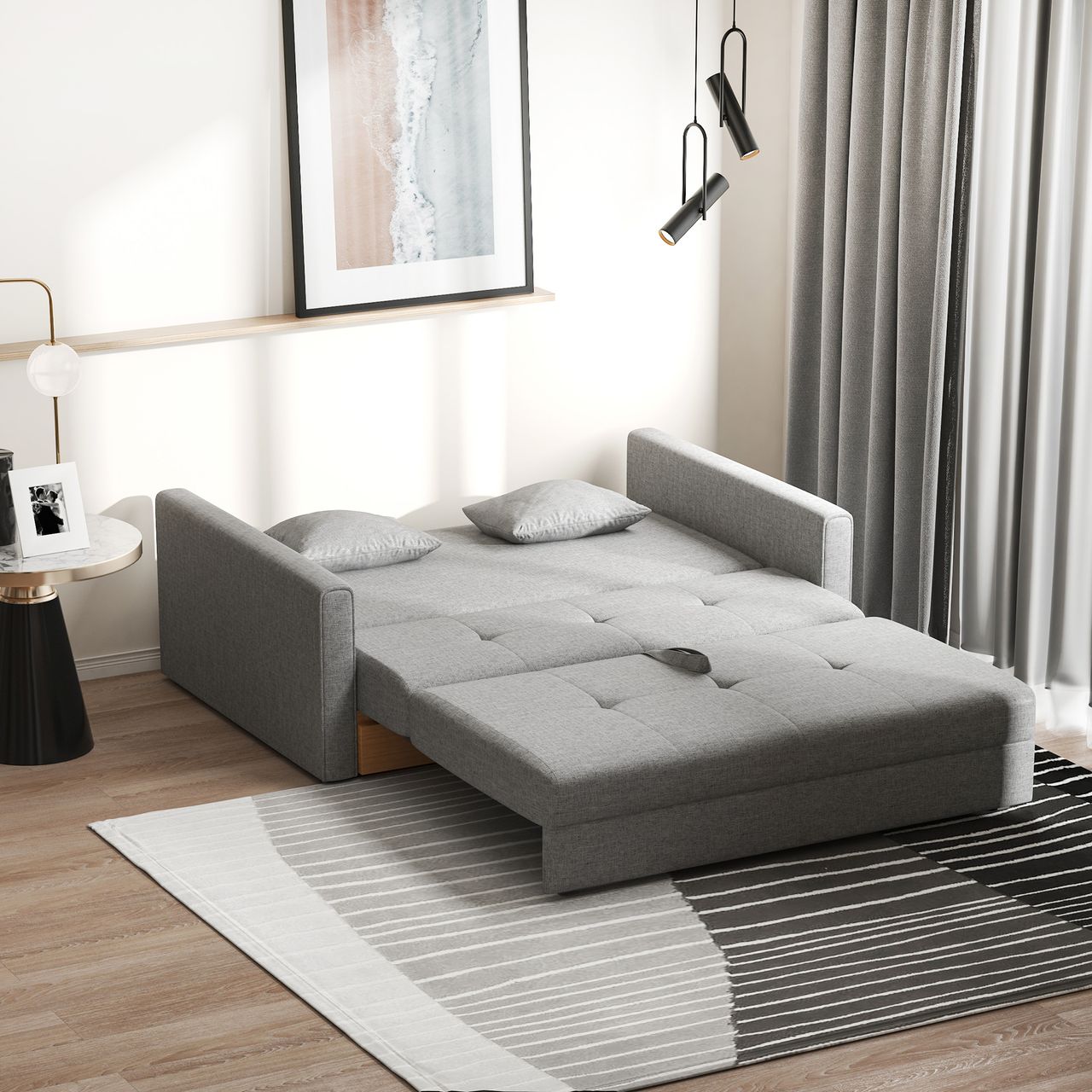 HOMCOM Schlafsofa 2-Sitzer Sofa, Polstersofa mit Stauraum, Rückenkissen, Grau