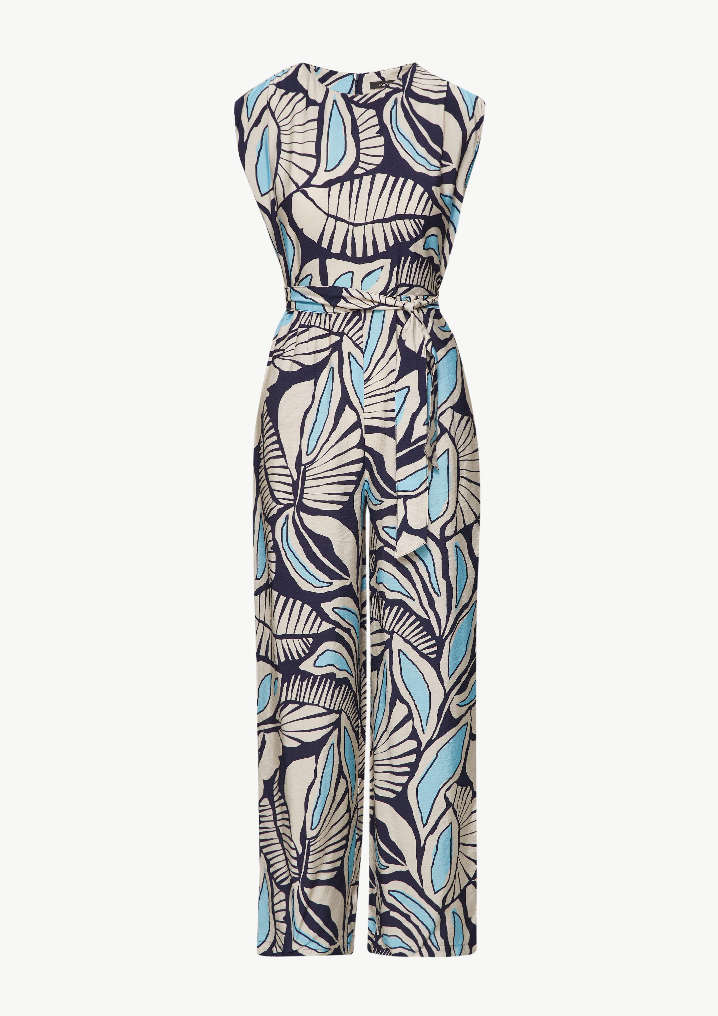 Gemusterter Overall mit Bindegürtel und Faltendetails - hellblau