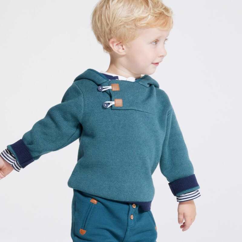 Pull col boutonné à capuche vert bébé garçon