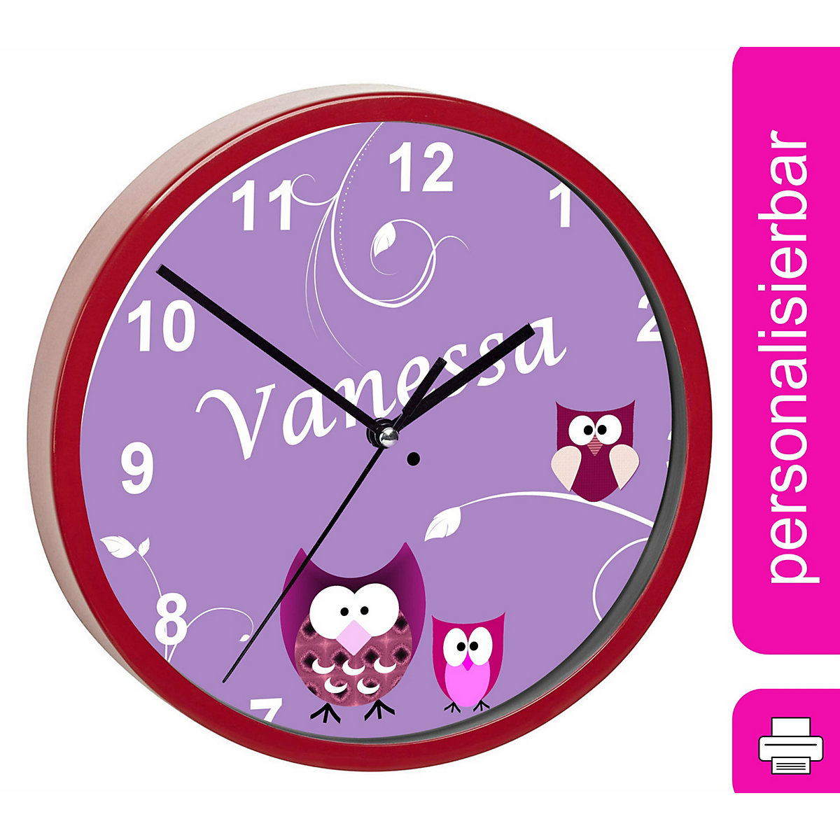 Kinder Wanduhr personalisiert mit Name Eule Lila
