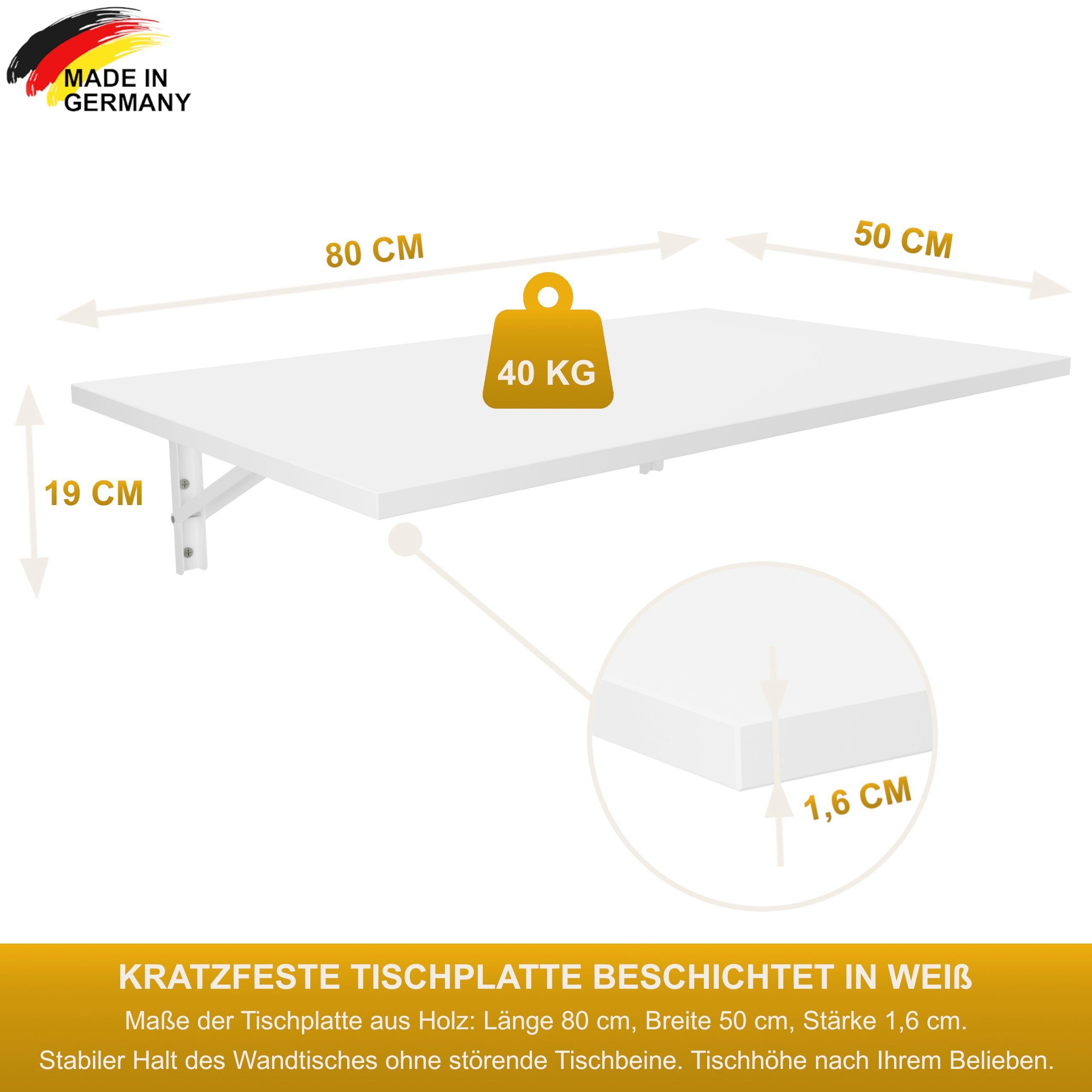 KDR Produktgestaltung Klapptisch 80x50 Wandklapptisch Esstisch Küchentisch Schreibtisch Wand Tisch, Weiß