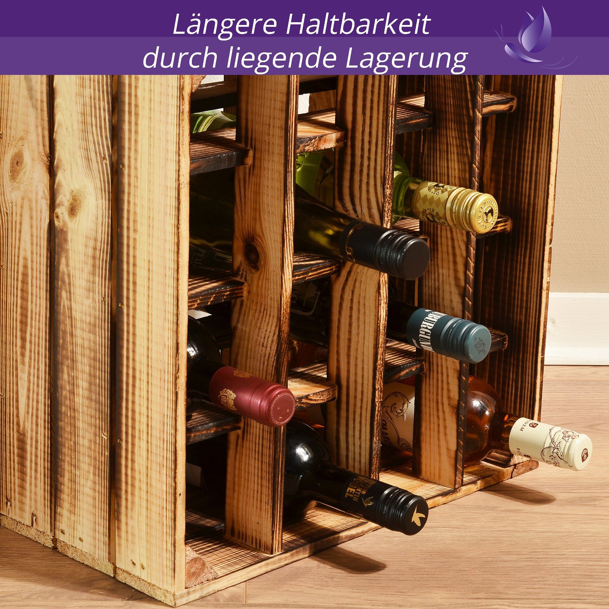 CHICCIE Weinregal Weinregal Wino Set aus Holz - Geflammt Komboset Wandregal Flaschenrega, 3-tlg.