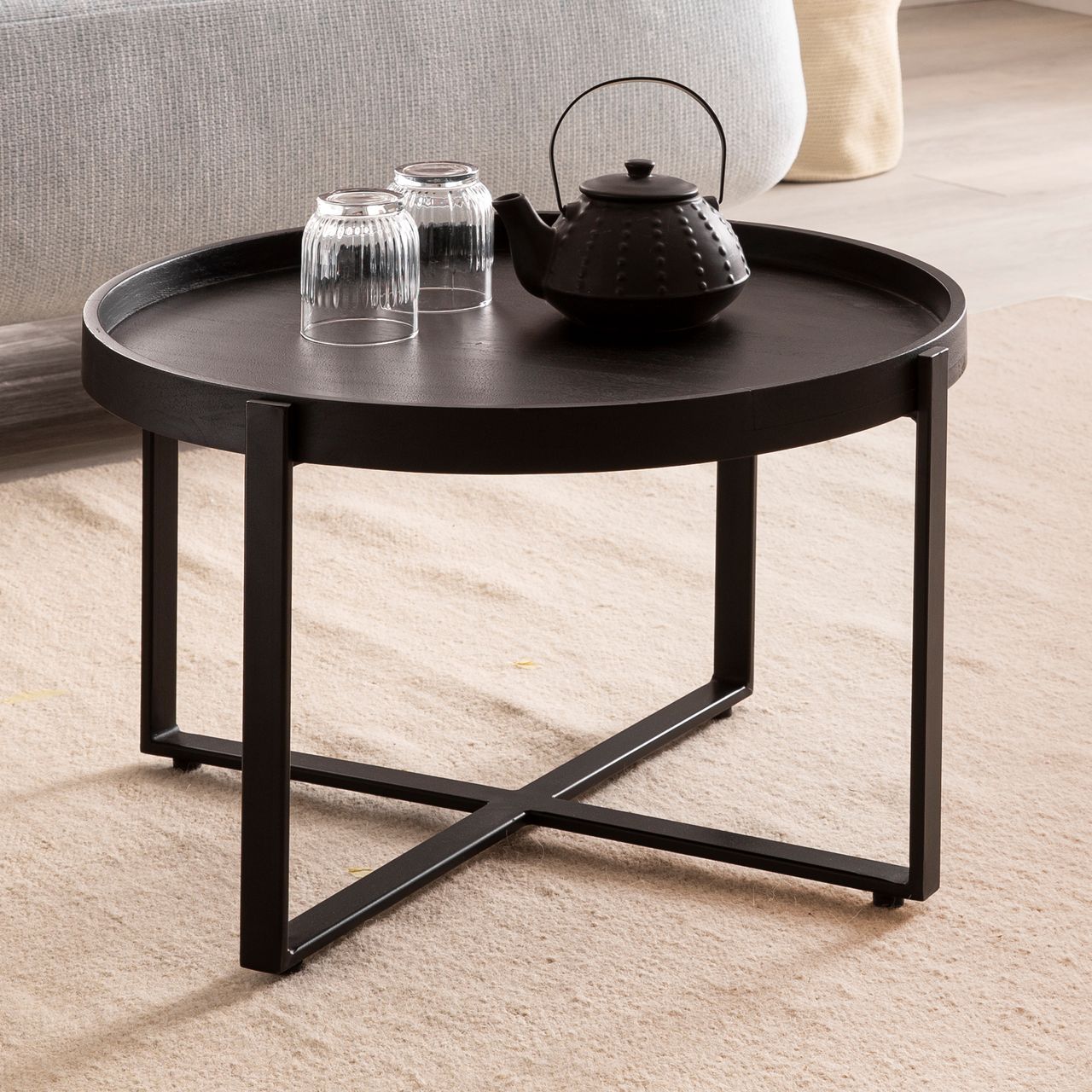 Wohnling Couchtisch Sofatisch Massivholz Schwarz 60x60x35cm Wohnzimmertisch Rund
