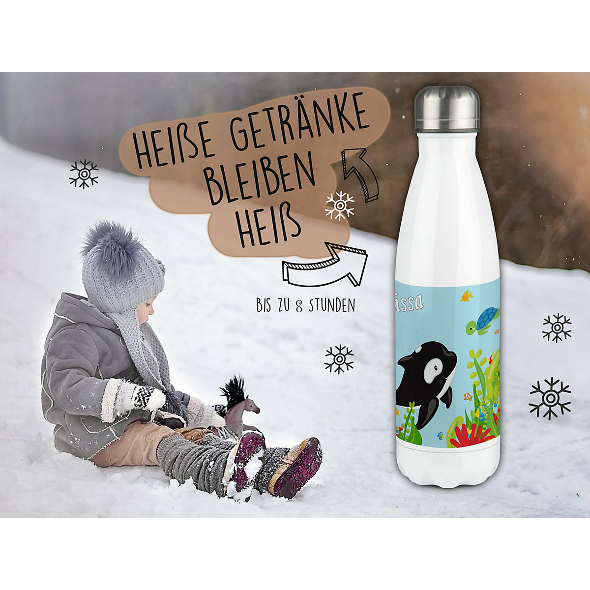 Edelstahl Kinder Thermoflasche / Trinkflasche bunt Unterwasserwelt Spülmaschinenfest, Auslaufsicher, Bruchfest, Doppelwandig, Für Heißgetränke geeignet, Mit Deckel, Isoliert