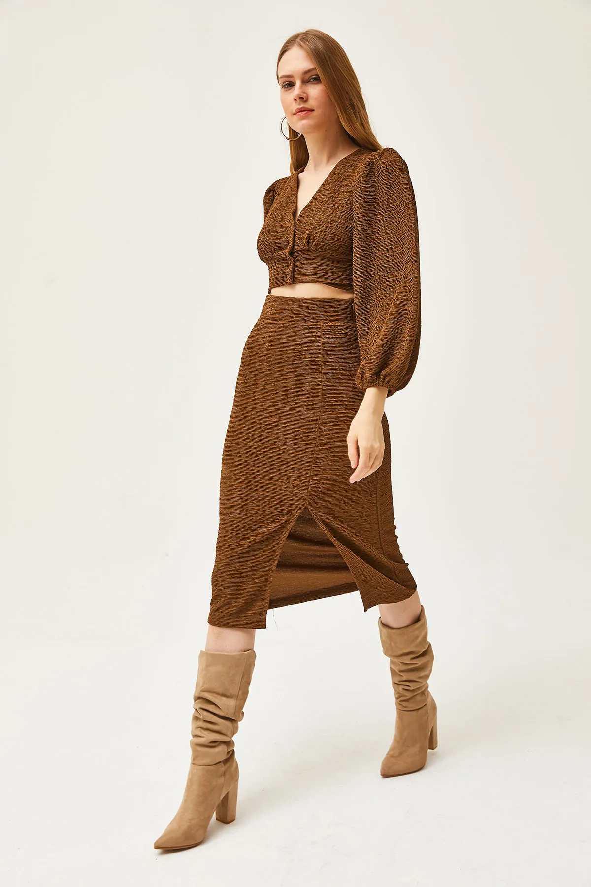 Olalook  Brauner Strickanzug mit Schlitzrock für Damen TKM-19000255