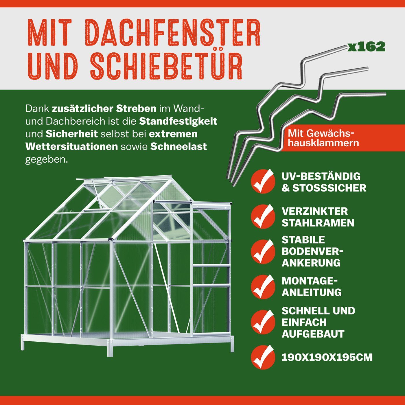Gardebruk Gewächshaus, Aluminium 3,6m² mit Fundament 190x190cm inkl. Dachfenster Treibhaus