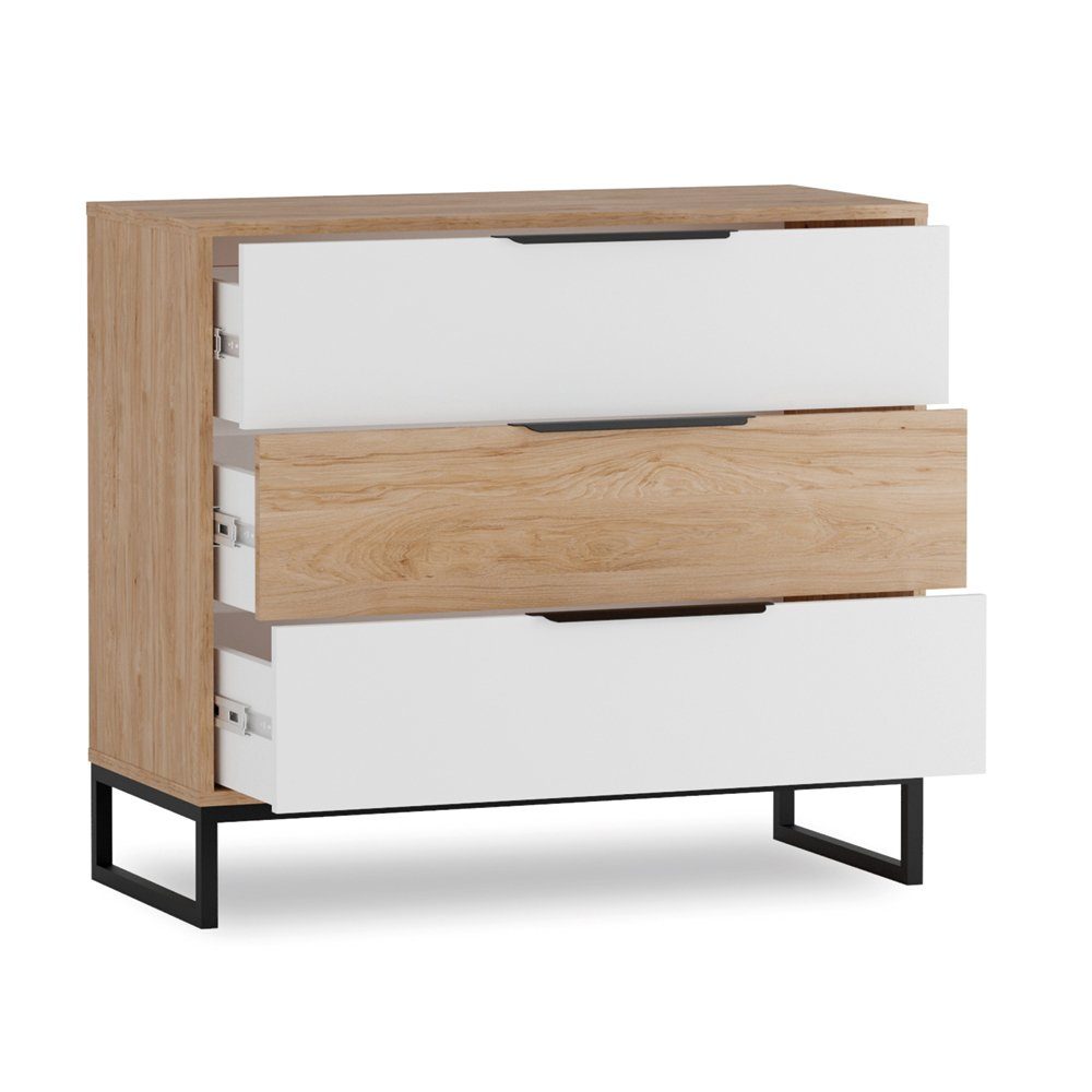Lomadox Jugendzimmer-Set LUZZI-132, (Sparset, 4-tlg), Eiche Nb. mit weiß, Kleiderschrank, Nachttisch, Bett, Kommode