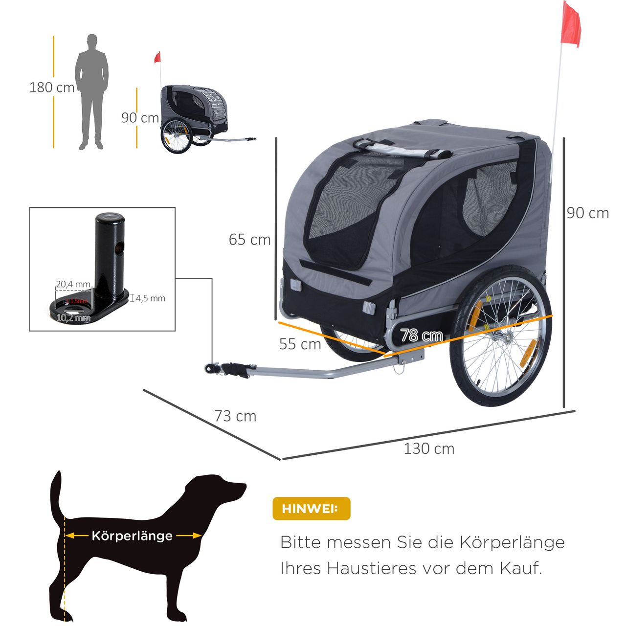 PawHut Fahrradanhänger Hundeanhänger Hunde Fahrrad Tier Anhänger Grau Schwarz