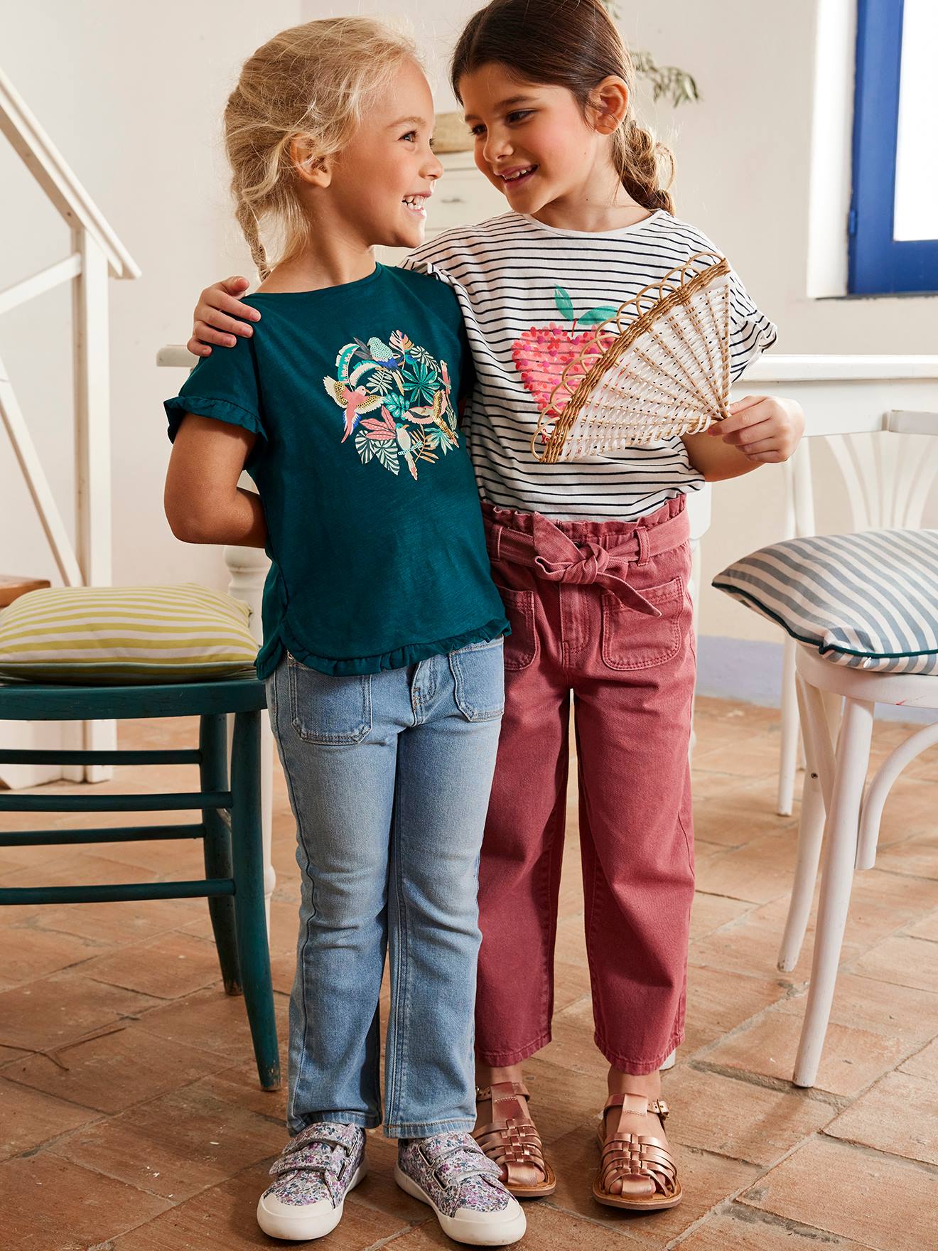 Vertbaudet Mädchen T-Shirt mit Pailletten-Print und Volants Oeko-Tex - aqua