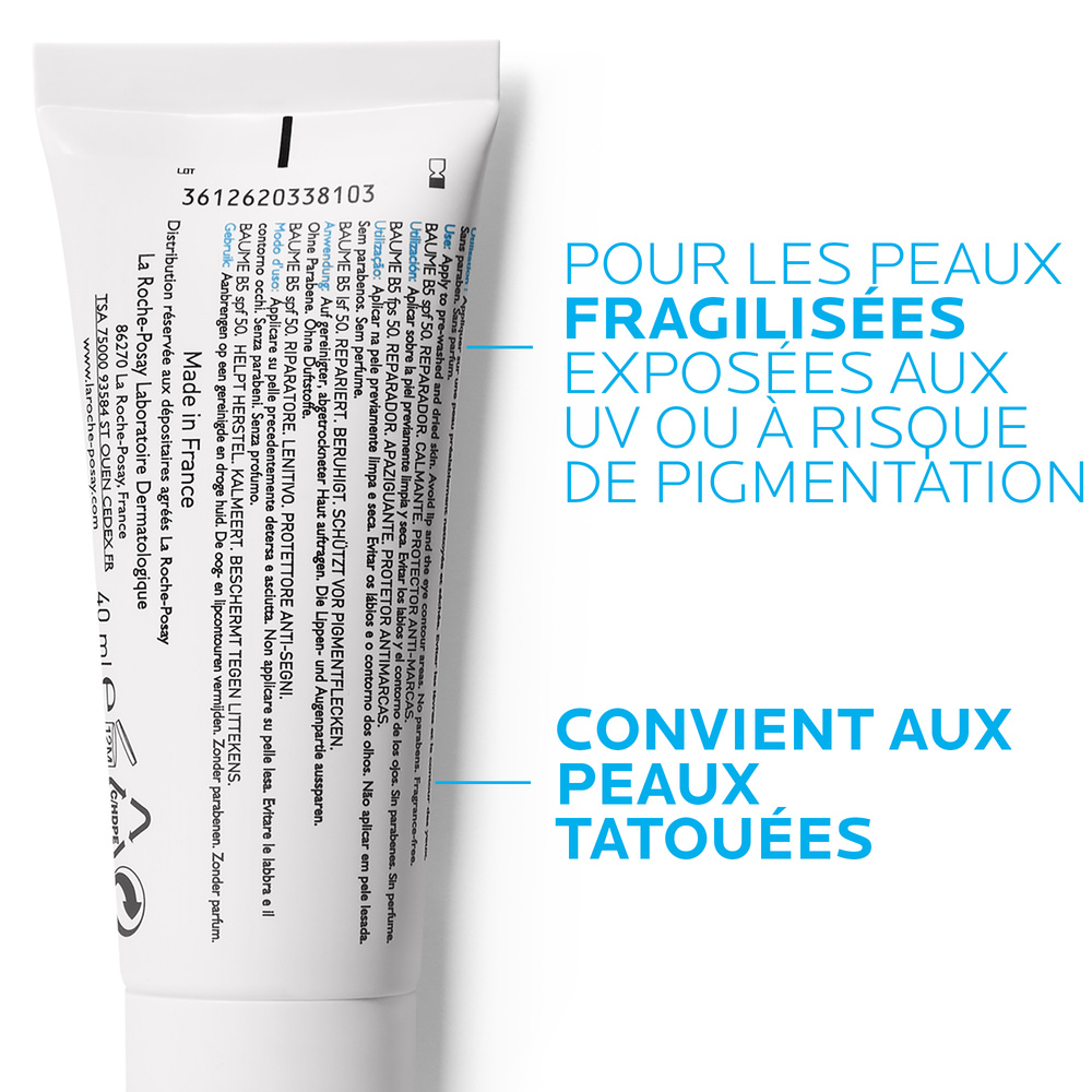 La Roche-Posay Cicaplast Baume B5 spf50 réparateur apaisant 40ml Soin réparateur SPF 50 peau fragilisée du nourisson, de l'enfant ou de l'adulte