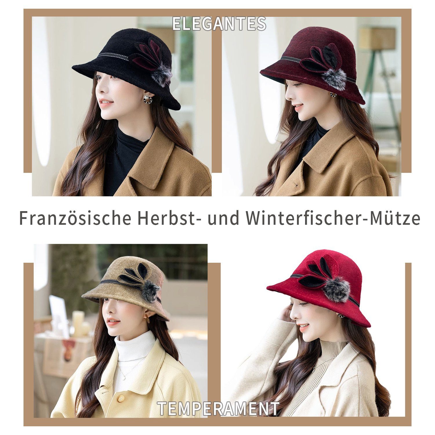 MAGICSHE Filzhut Wollfilz Fedora Hut Vintage elegante Damen Fischerhüte